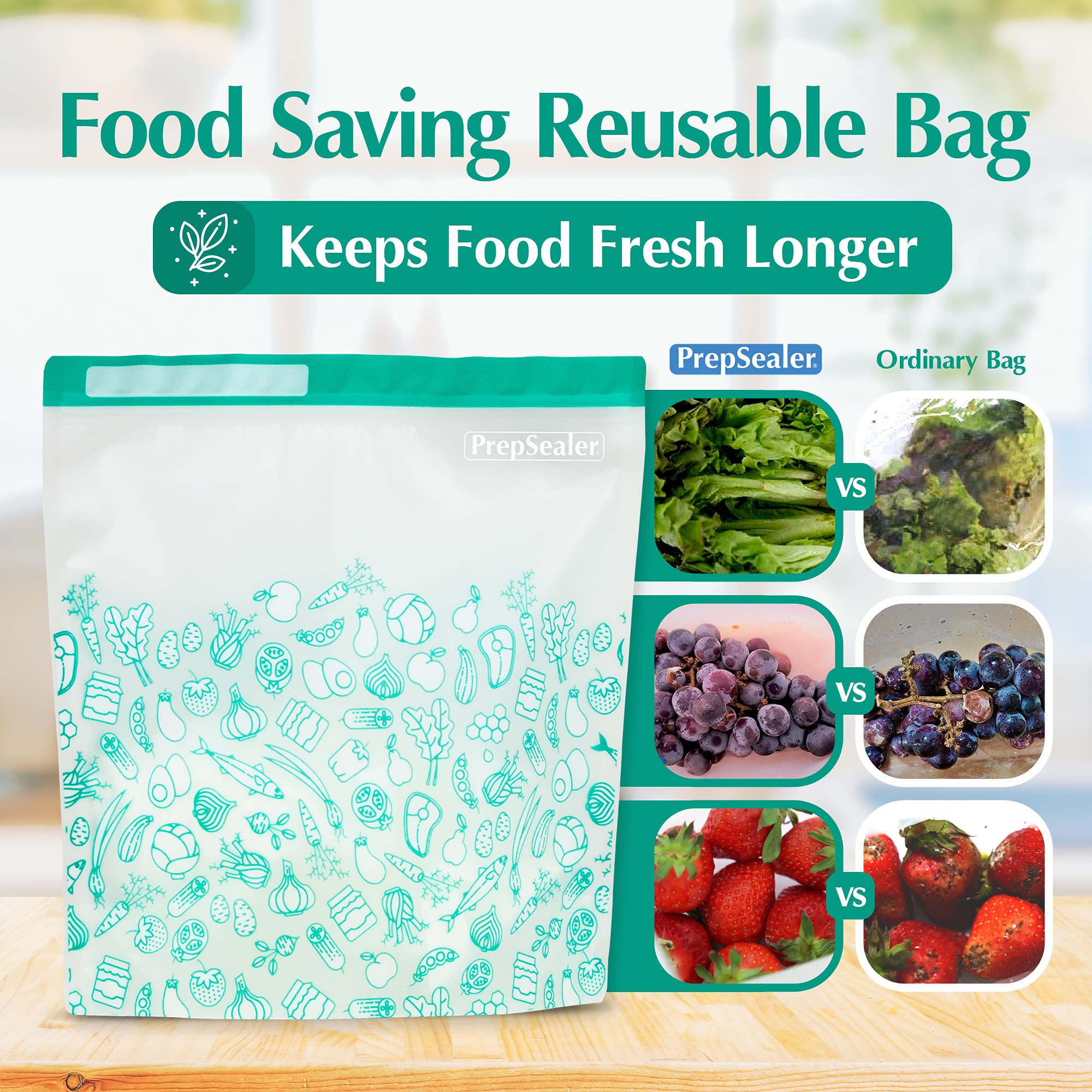 Prepsealer Keep Food Fresh Longer Food Saving Reusable Bag (6 Pieces (Large))
