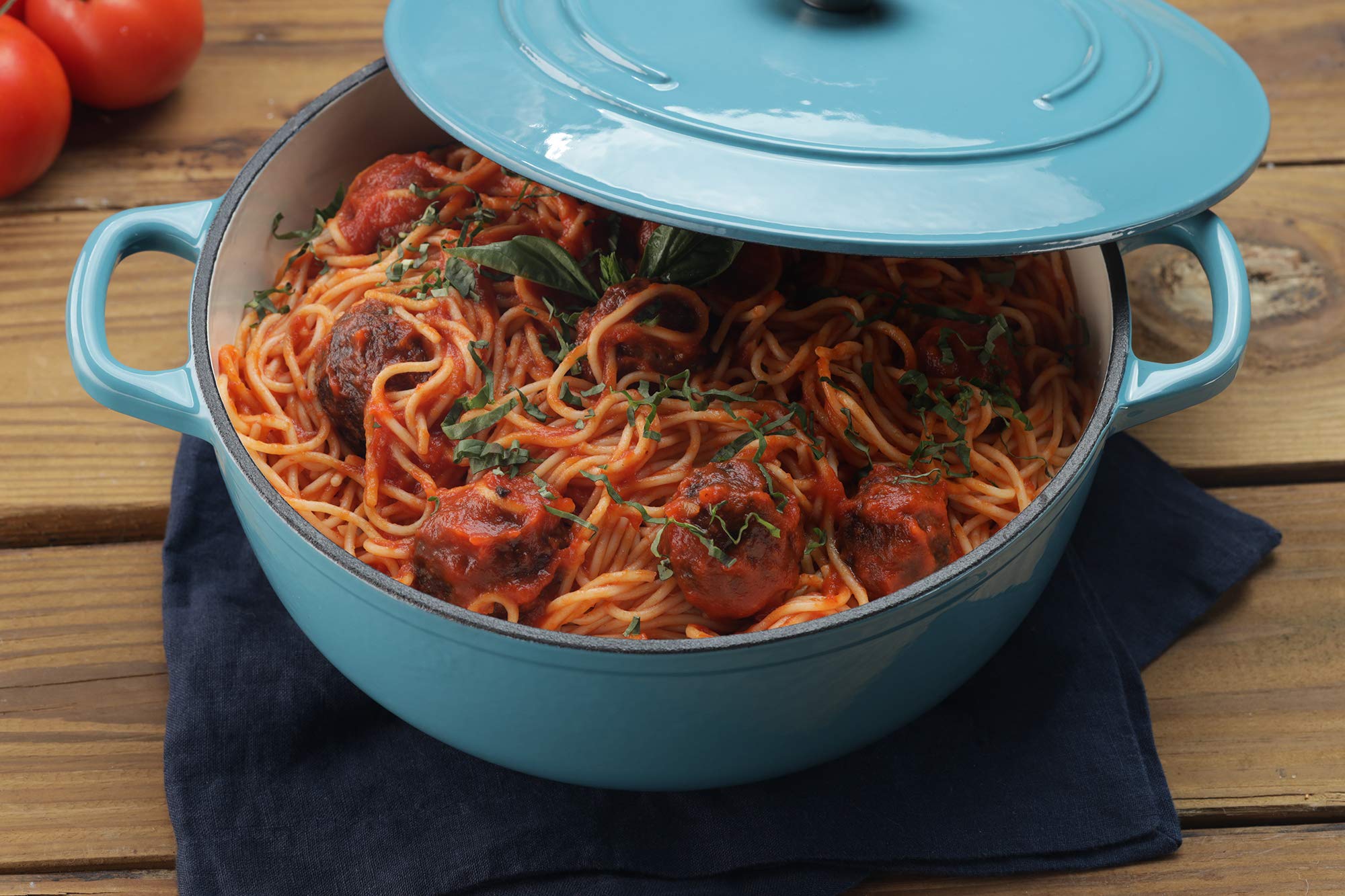 Mirro Mir-19063 4.8 Quart Cast Iron White Enamel Coated Interior Dutch Oven, Teal, Ready To Use