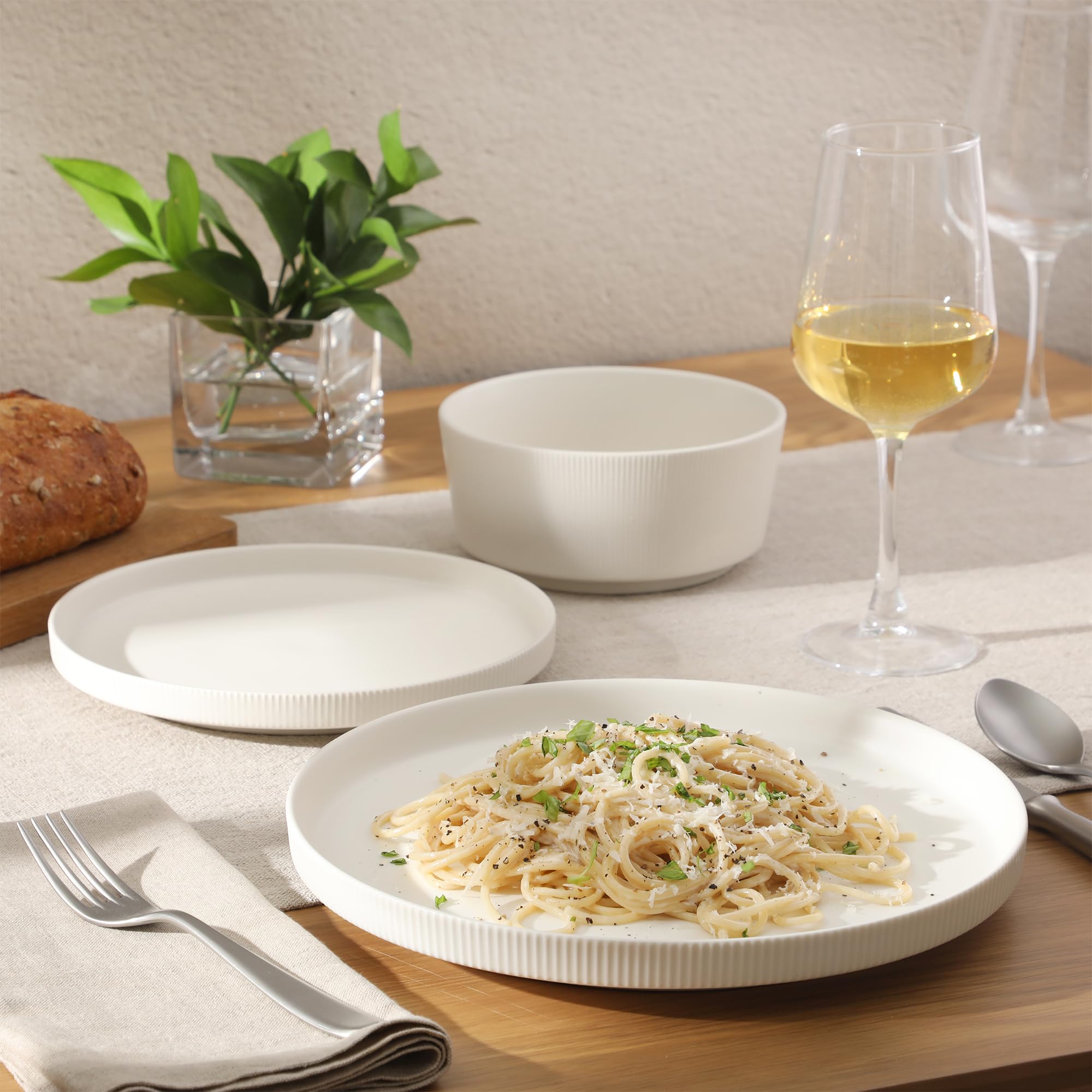 Gibson Home Dempsey Road 12-Piece Stoneware Dinnerware Set - Service for 4, Round White Plates and Bowls, Durable Solid Color Mo