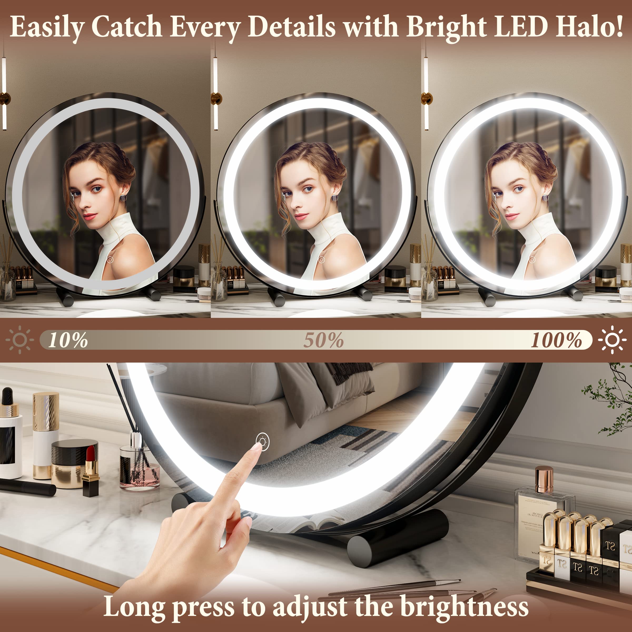 FENNIO 18 inch Large Vanity Mirror with Lights, Round LED Lighted Up Makeup Mirror, Large Makeup Mirror with Lights, Touch Scree