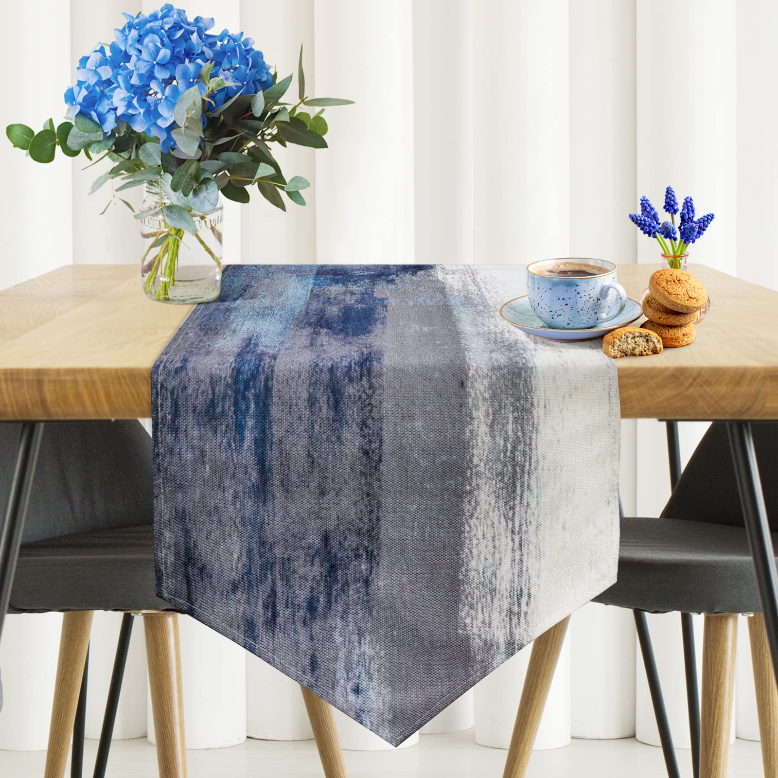 Blue And Grey Table Runner,Blue Abstract Modern Art Burlap Table Runners For Table Dresser Runner Farmhouse Style For Dinner Par