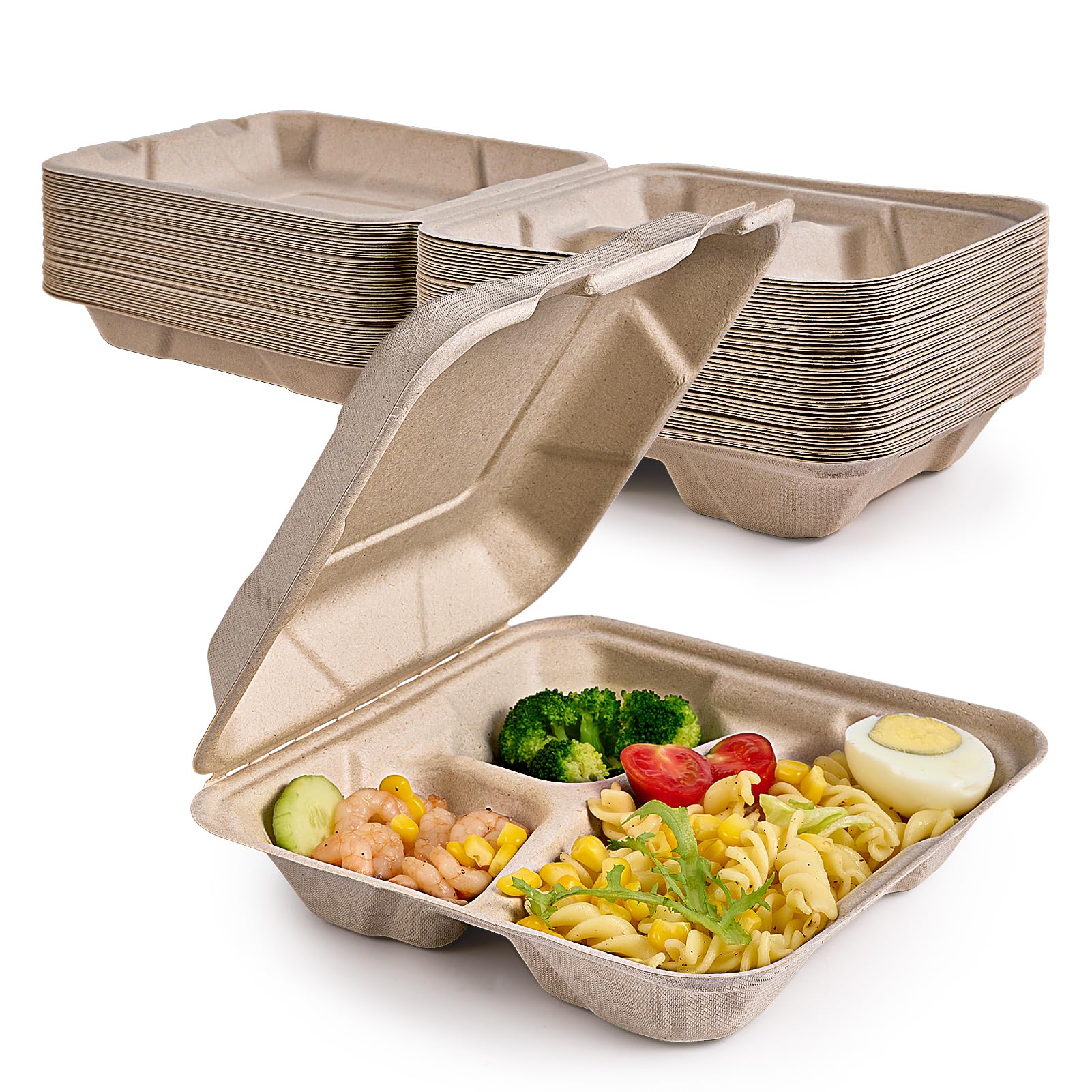Ecolipak 50 Pack Clamshell Take Out Food Containers, 100% Compostable Disposable To Go Containers, 8X8 3-Compartment Heavy-Duty