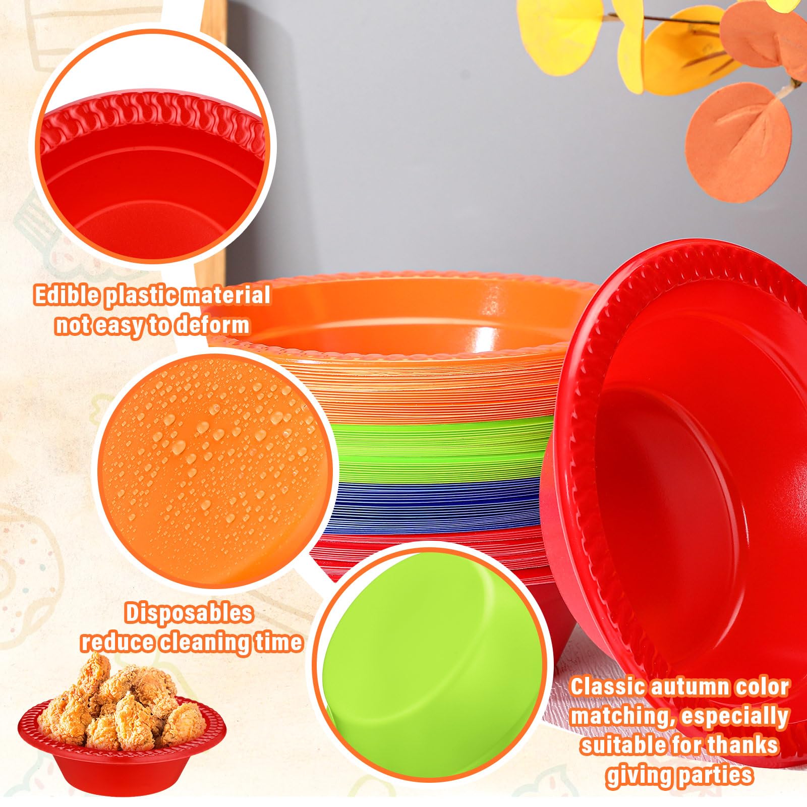 Lallisa 100 Pcs 12oz Colorful Disposable Plastic Bowls Dessert Cups Ice Cream Snack Salad Soup Food Serving Bowls for Autumn Tha