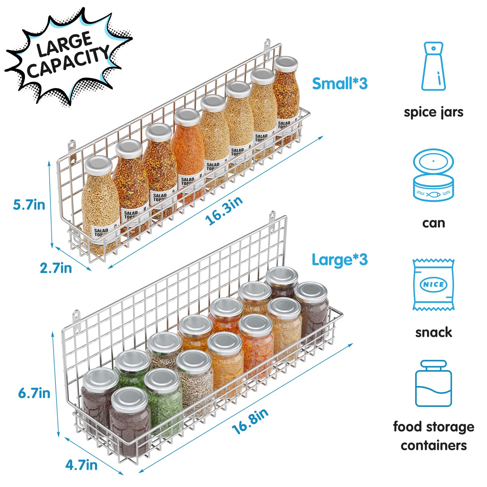 JKsmart Spice Rack Organizer 6-Tier Wall Mounted & Over the Door Spice Racks for Kitchen Pantry Bathroom,Two Size, Large Capacit