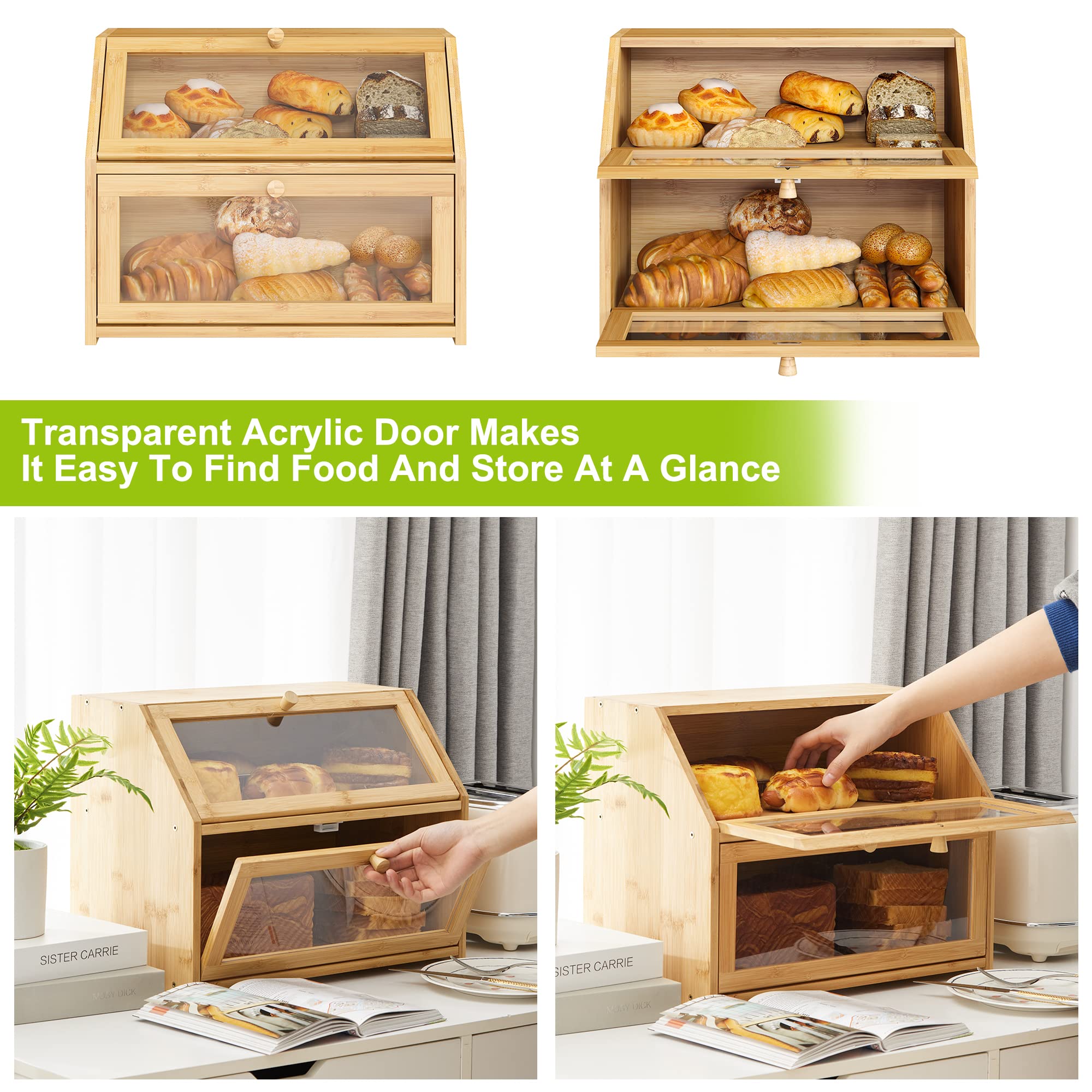 BMOSU Farmhouse Bread Box - Double Layer Bamboo Storage Container, Extra Large, Natural Color, Model CABB-TXMBX