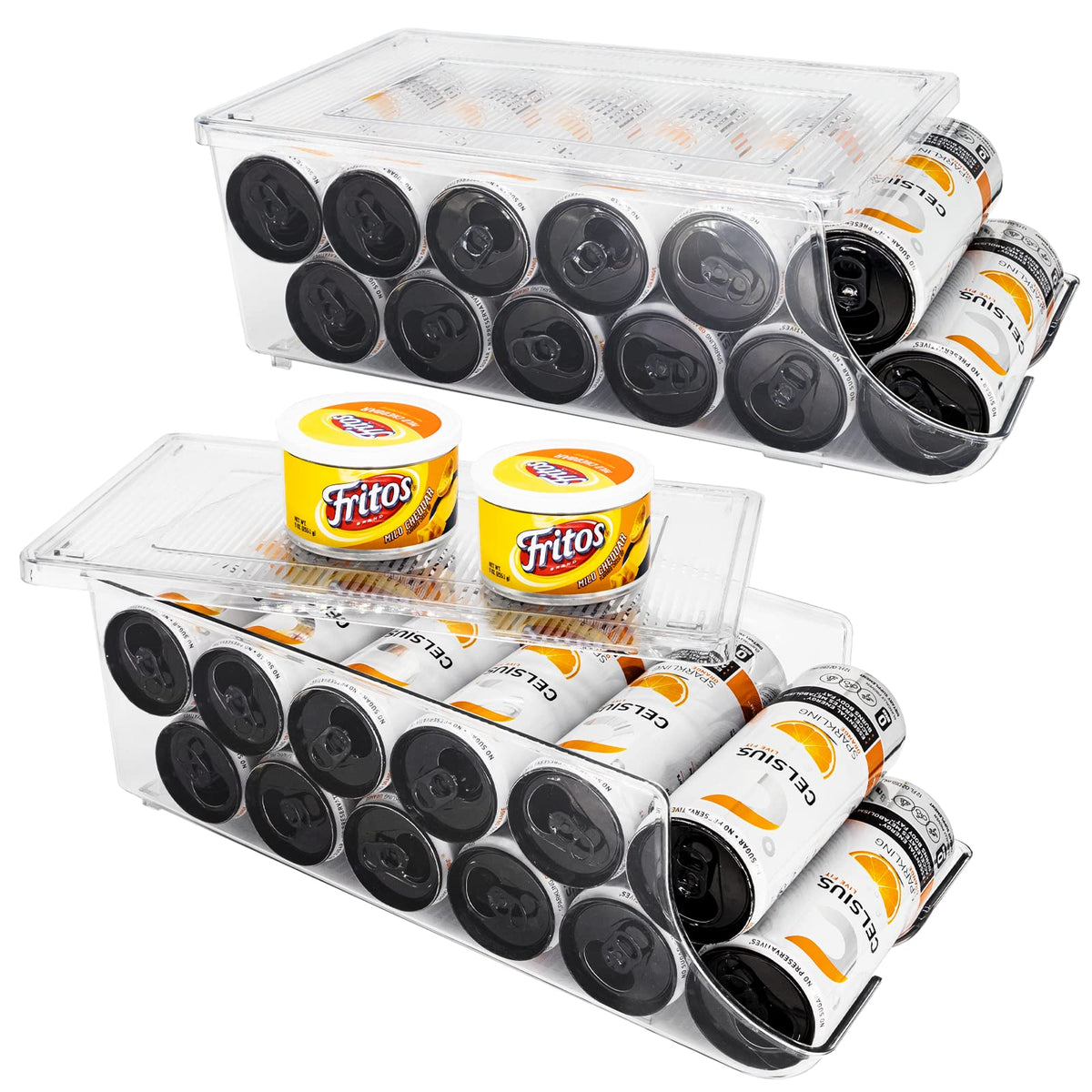 Scavata 2 Pack Skinny Can Organizer For Refrigerator, Stackable Tall Skinny Soda Pop Can Holder Dispenser With Lid For Fridge Pa