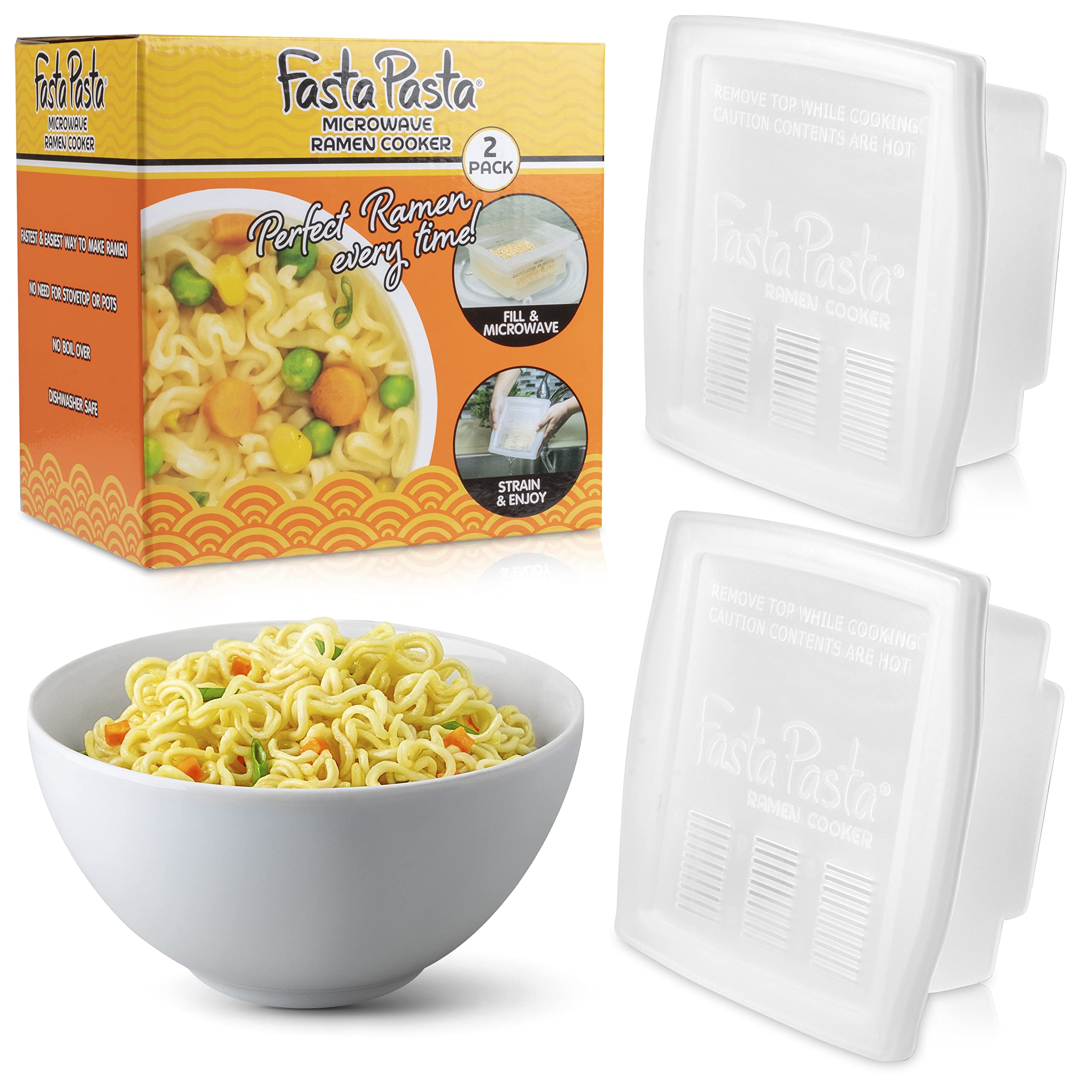 Fasta Pasta Microwave Ramen Noodle Cooker 2 Pack - No Mess, Sticking Or Waiting For Boil - Patented Design Makes Perfect Noodles