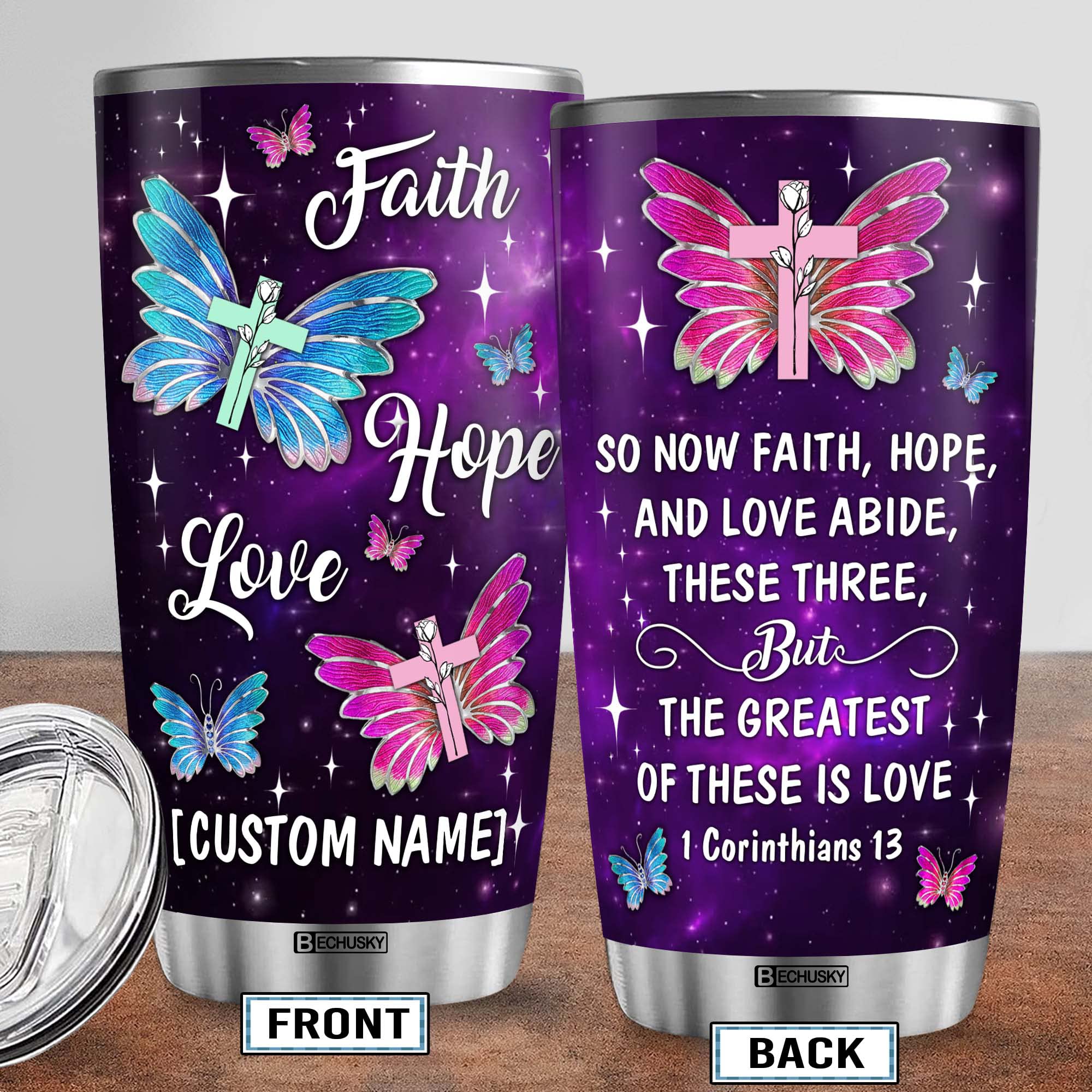 Bechusky Personalized Christian Tumbler, Christian Gift For Wonen, Butterfly Faith Hope Love Mug, Custom Name Bible Verse Christ