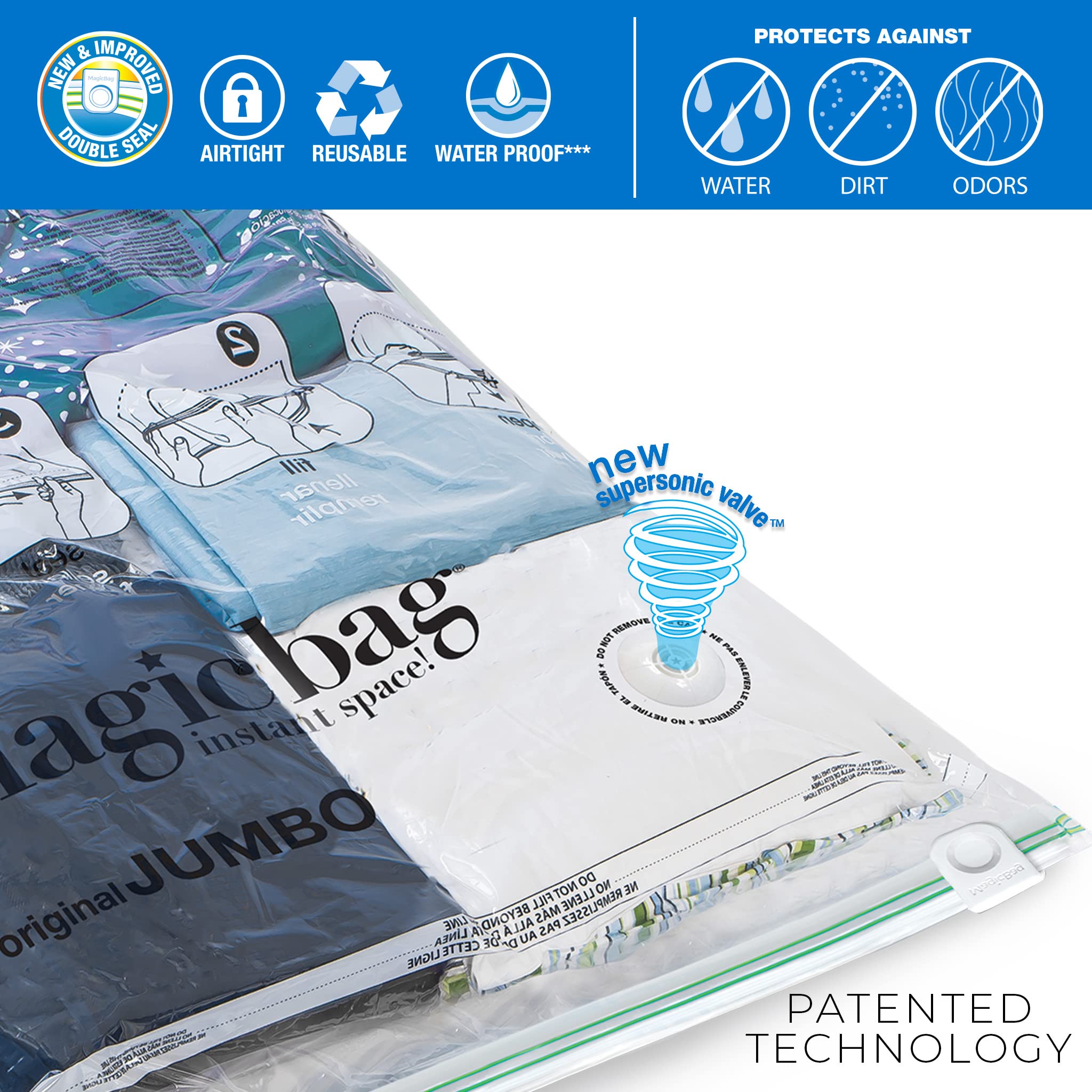MagicBag 4-Pack Jumbo Flat Vacuum Compression Bags Instant Space Saver Storage - Airtight Double Zipper - Clothing  Pillows - Home Organization