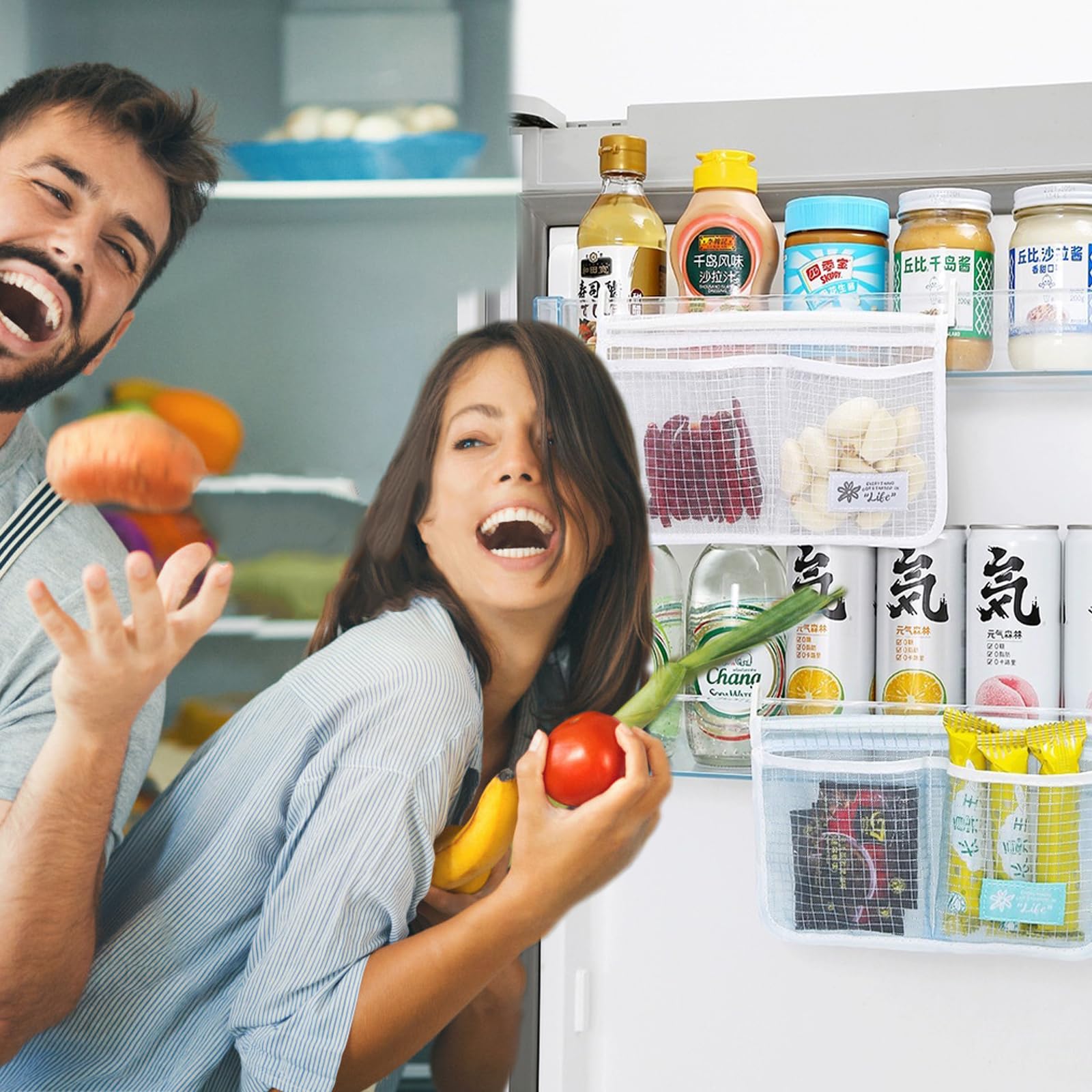 3Pcs Refrigerator Door Organizer Set, Fridge Hanging Mesh Bag For Kitchen Storage Bag, Household Sundries Sorting Bag Used To Re