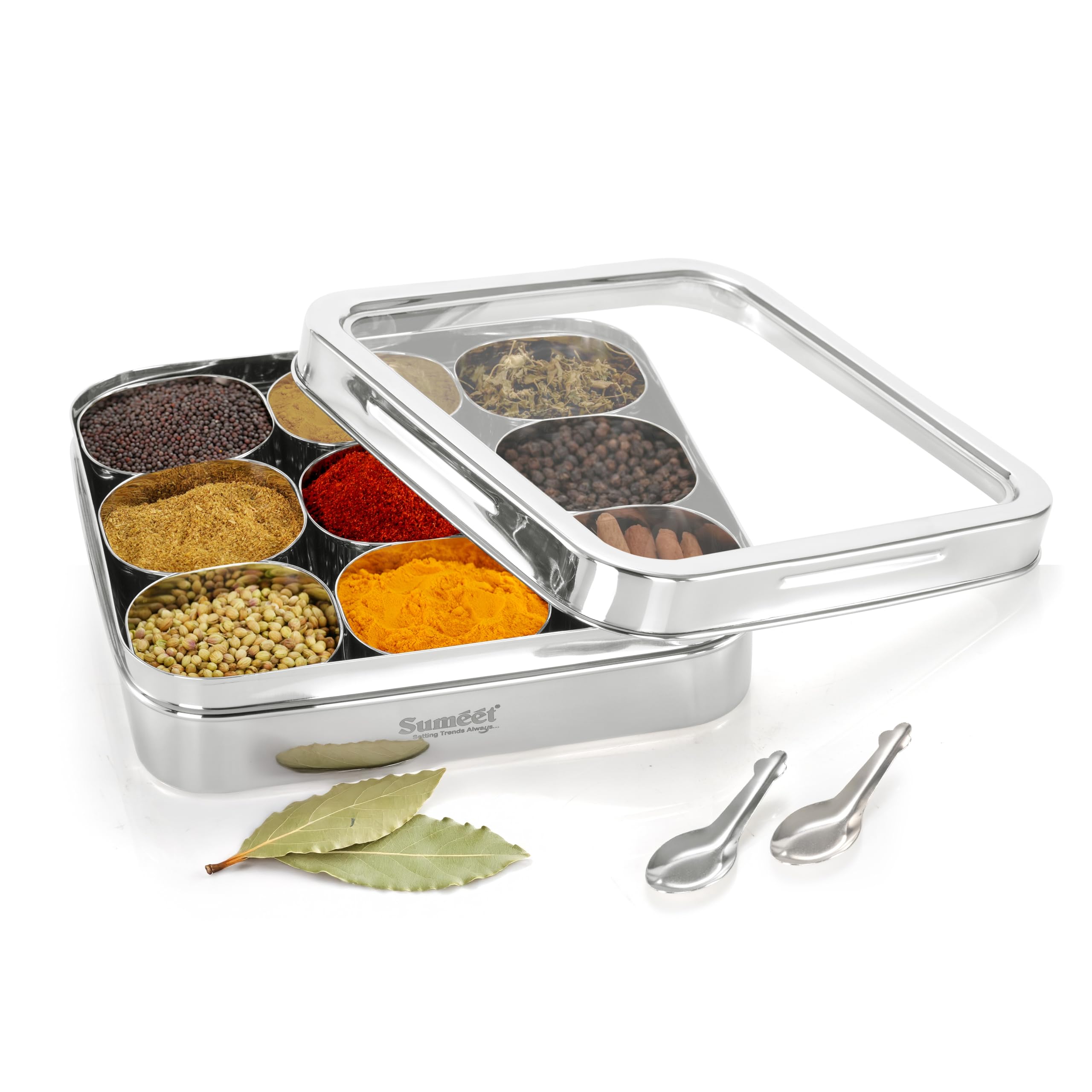 Sumeet 9 in 1 Stainless Steel Square Shape Masala Spice Box Dabba Dani For Kitchen With 9 Square Bowls + Spoon & See-Through Lid  22cm  Big - Silver
