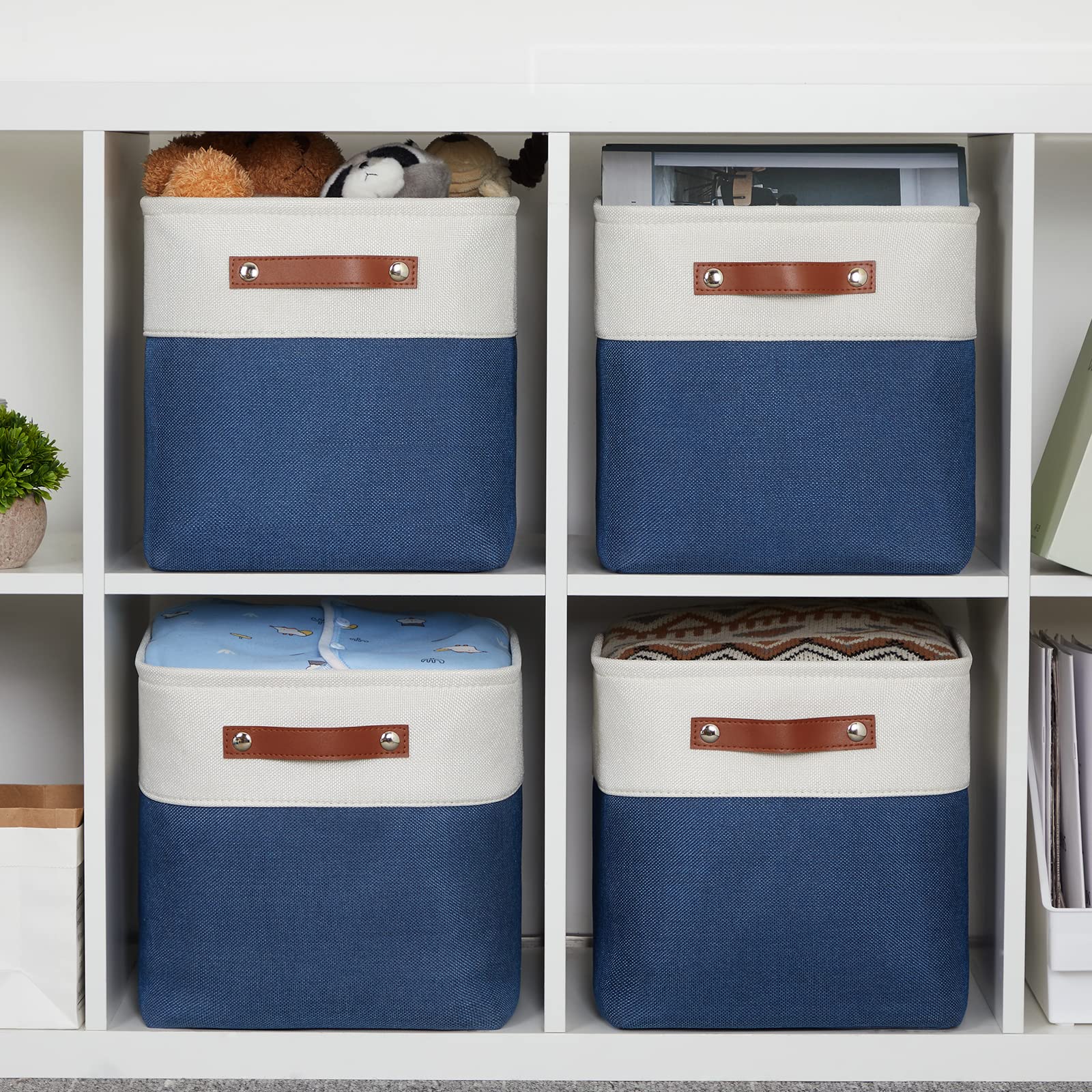 HNZIGE Fabric Cube Storage Bins Basket for Shelves Set of 4  Fabric Storage Cubes Baskets Closet Storage Bins for Cube with Handles  Cubby Storage Bins for Organizing Home Office (White Blue)