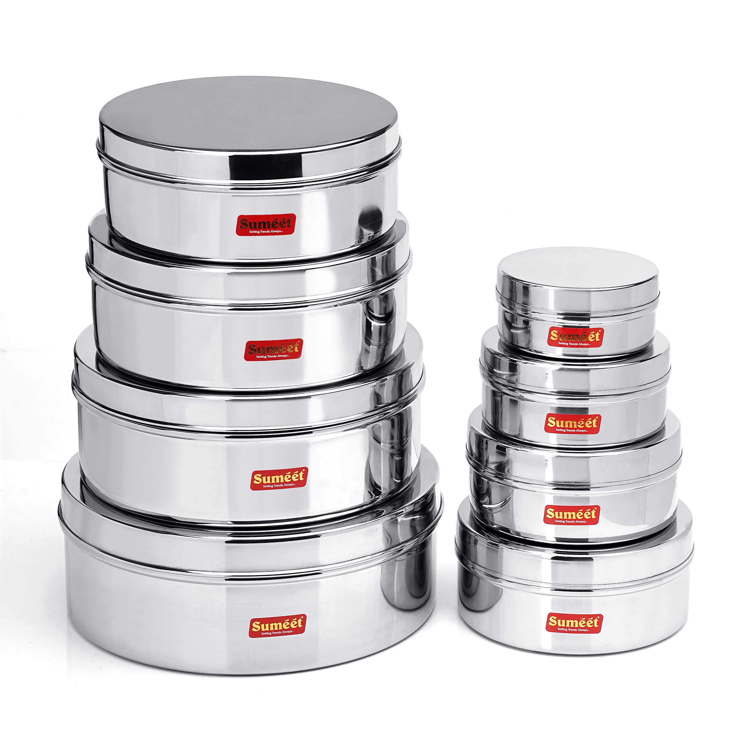 Sumeet Stainless Steel Flat Canisters/Puri Dabba/Storage Containers Set Of 8Pcs (240Ml,400Ml,550Ml,800Ml,1200Ml,1500Ml,2100Ml,27