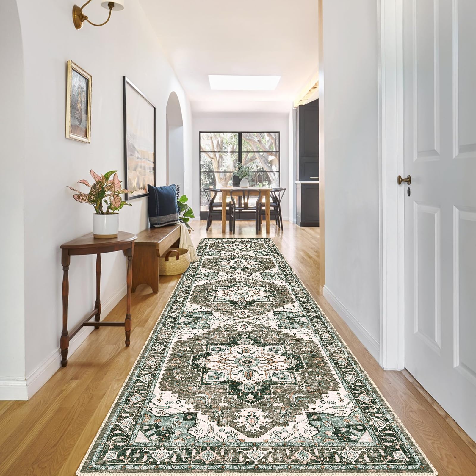 Washable Kitchen Runner Rug - 26x12 Hallway Rug Distressed Mats Non-Slip Soft Room Floor Carpet for Dining Room (Beige, 26