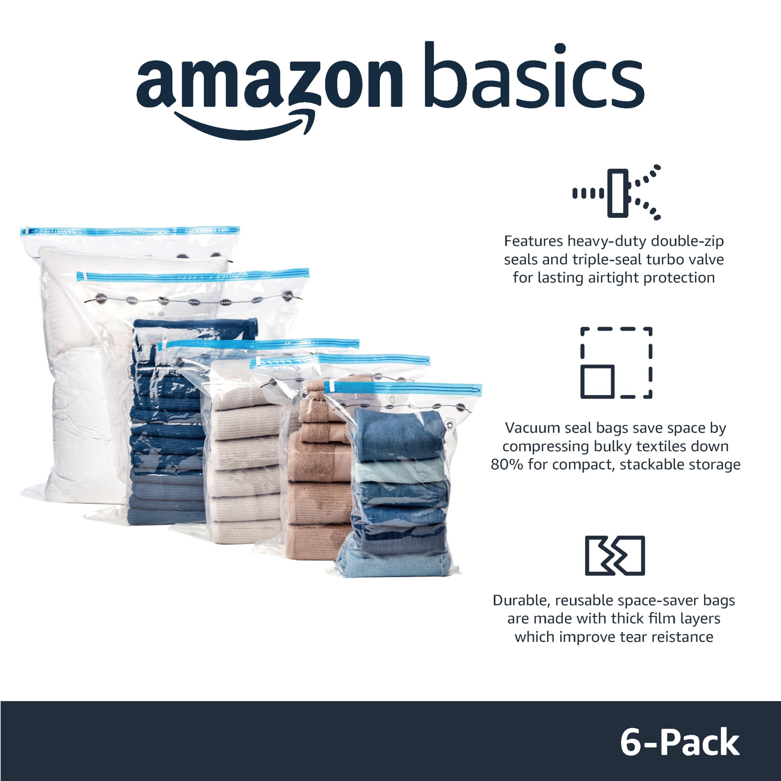 Amazon Basics Multiple Vacuum compression Storage Bags with Hand Pump - 6-Pack (2 Jumbo  2 Large  2 Medium)
