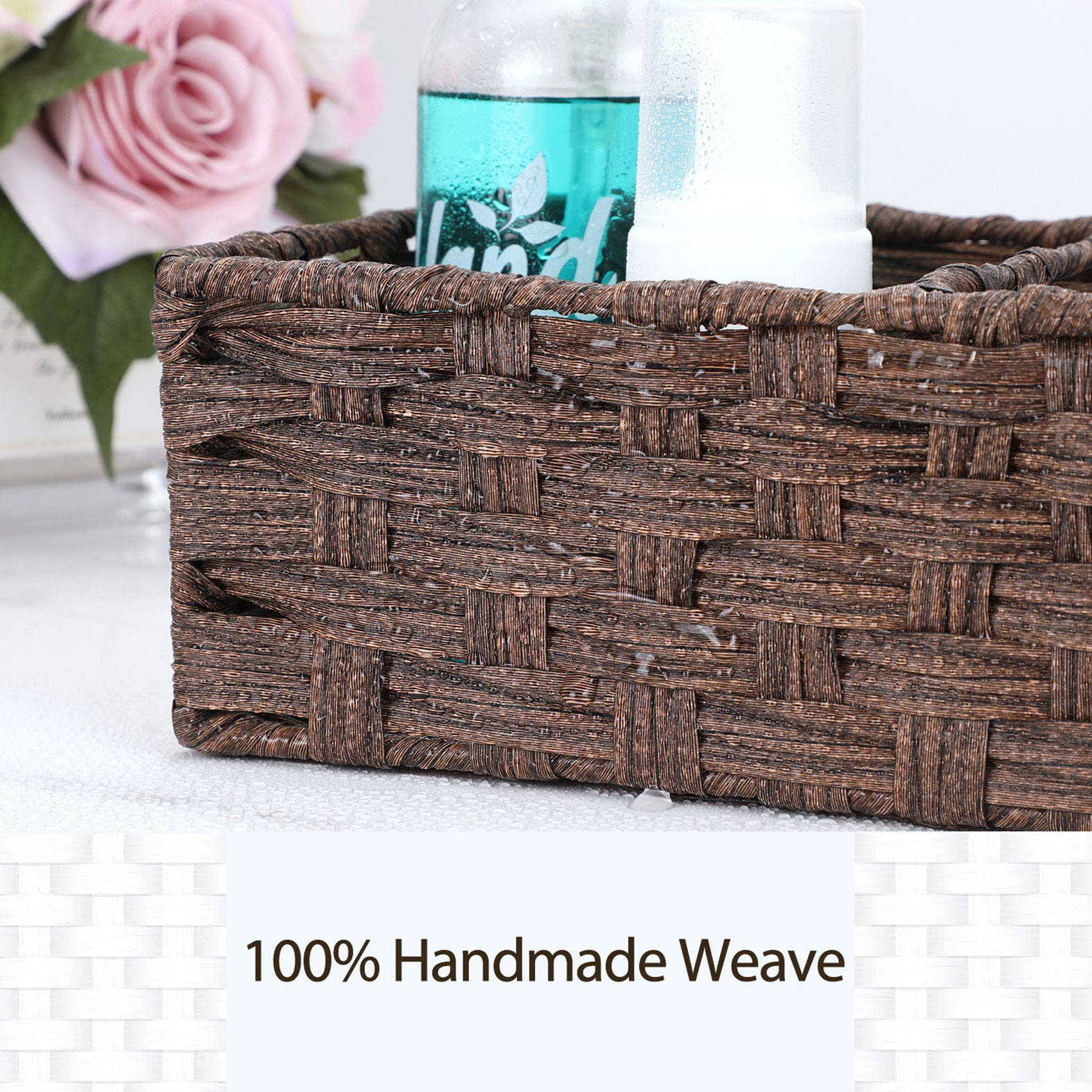 [Larger Compartments] Toilet Tank Topper Paper Basket - Multiuse Hand Woven Plastic Wicker Basket with Divider for Organizing  Rustic Farmhouse Bathroom Decor  Countertop Organizer Storage  Brown