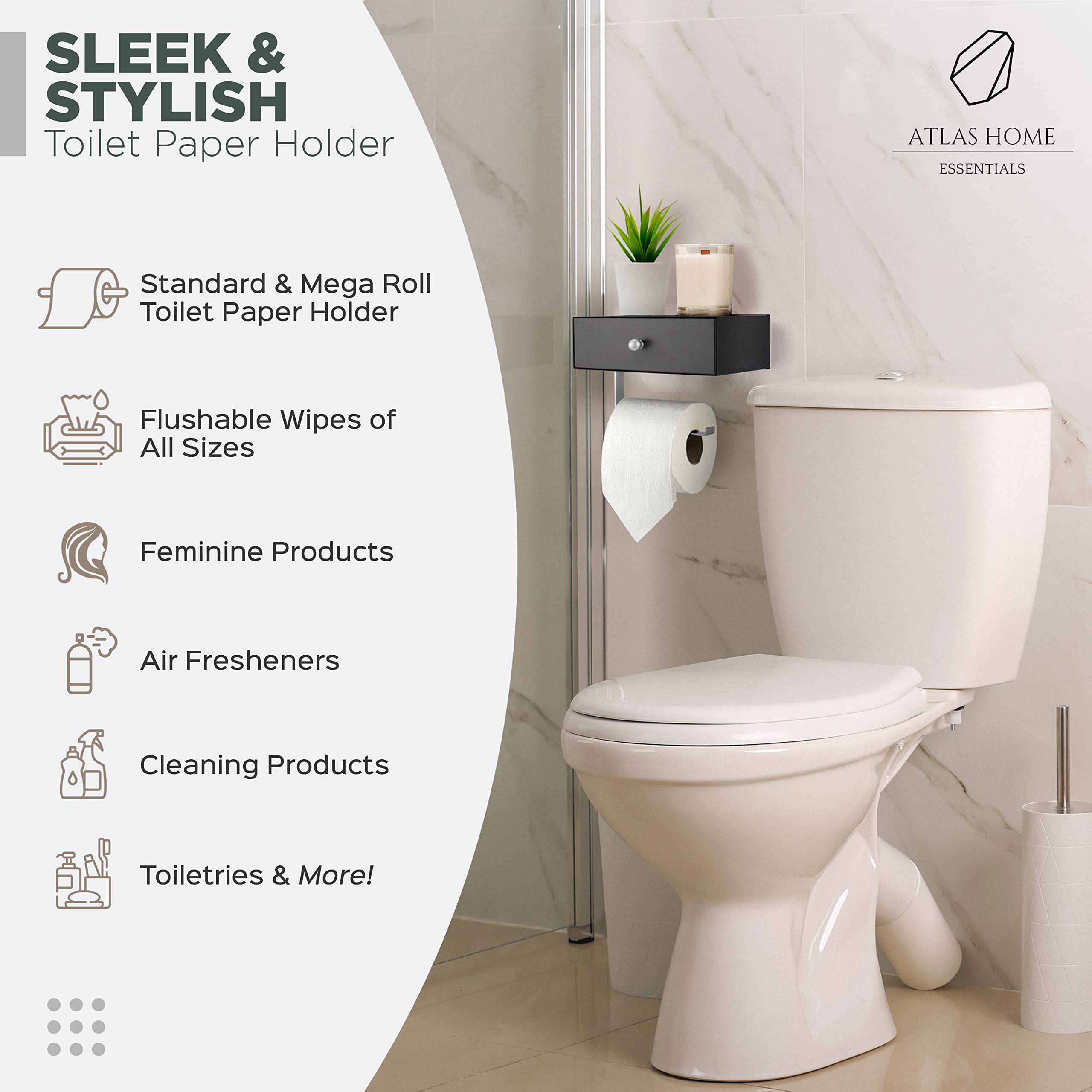 Atlas Home Toilet Paper Holder With Shelf - Flushable Wipes Dispenser & Storage Fits Any Bathroom, Keep Your Wet Wipes Hidden -