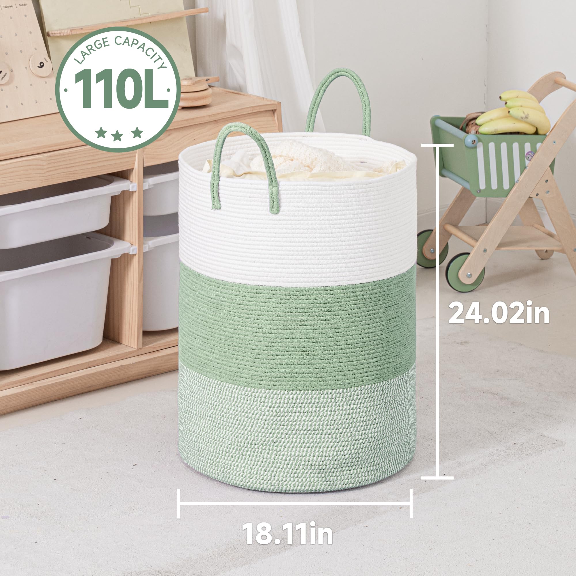 Clhmily&Z 100L Laundry Basket Round Storage Rope Basket - 18.1X24 Inches - Green Hamper In Bedreoom And Cute Storage Bin For Bla
