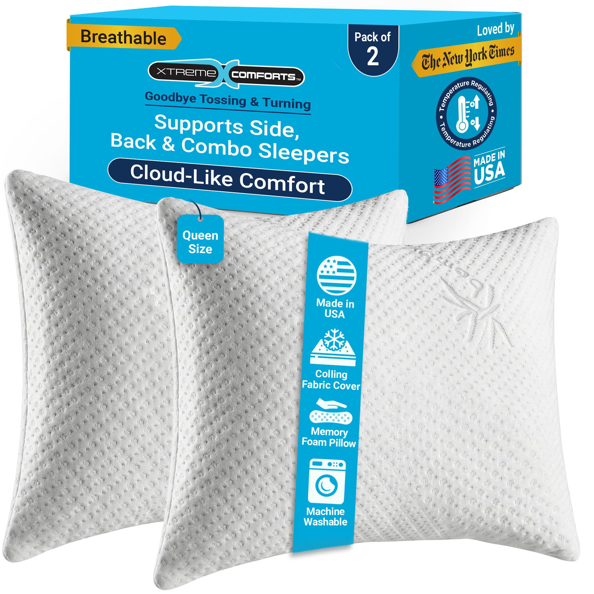 Xtreme Comforts Memory Foam Pillows Made In The Usa - Queen Size, Slim Cooling Pillow For Sleeping On Side, Back & Stomach - Fir