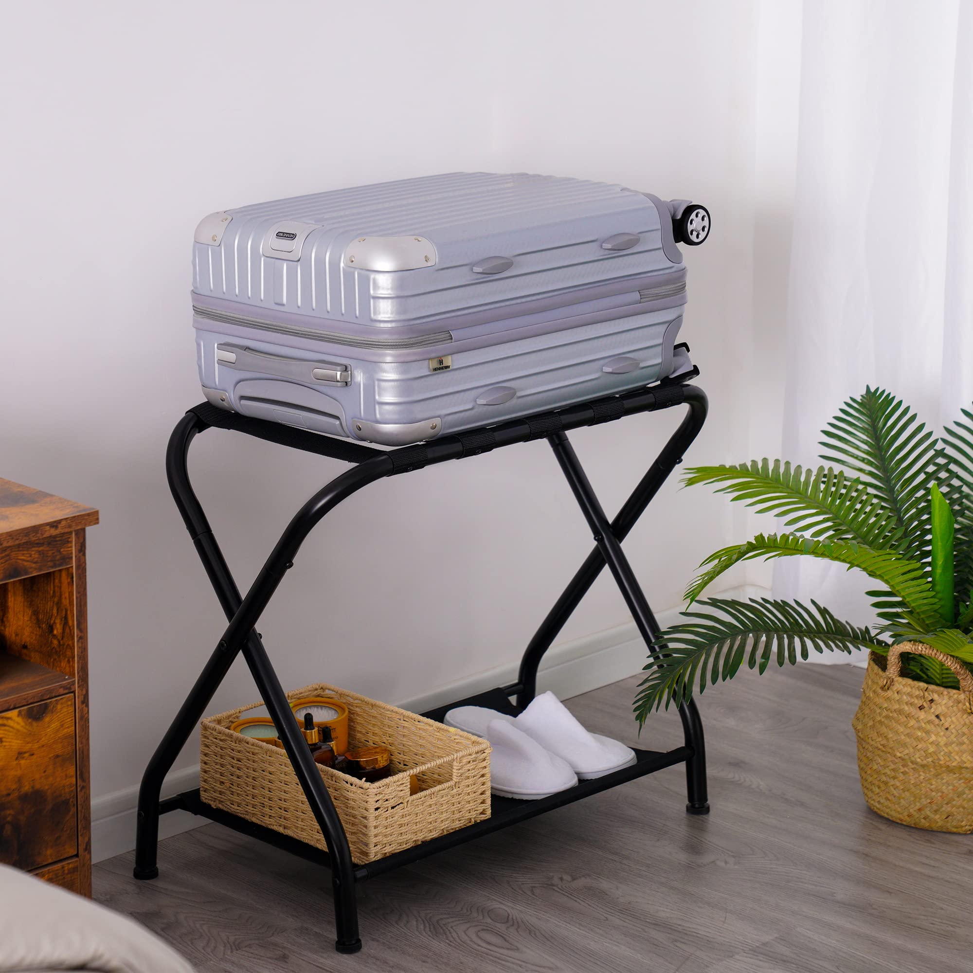 Heybly Luggage Rack Pack of 2 Steel Folding Suitcase Stand with Storage Shelf for Guest Room Bedroom Hotel Black HLR002B2