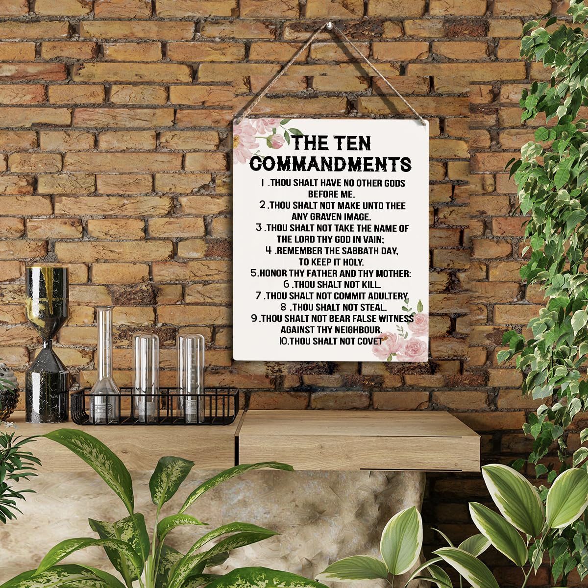 YCYD Ten Commandments Decor,10 Commandments Desk Decor Poster, Christian Bible Verse Decor Religious Home Decor Rustic Wooden Bo