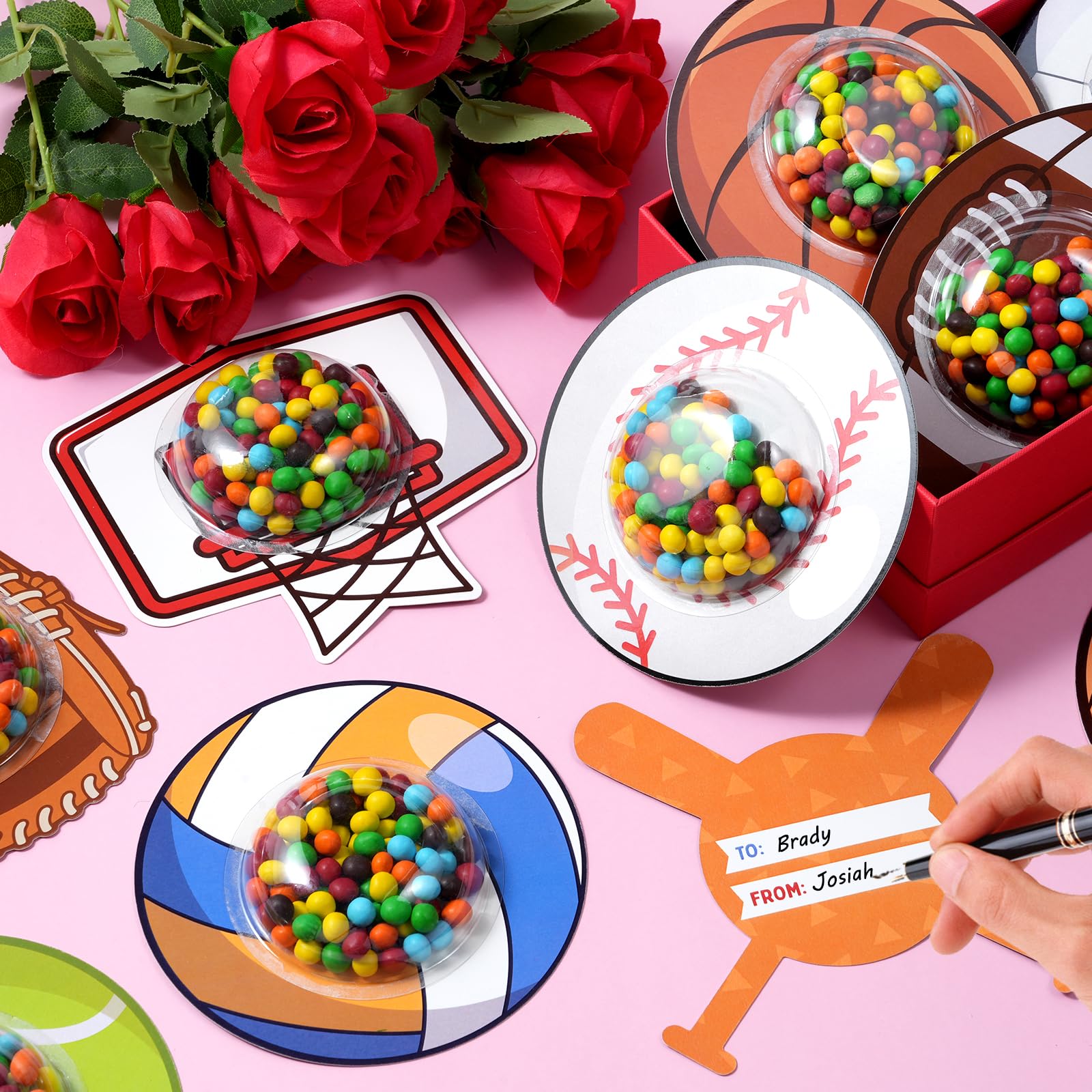 36 Set Valentines Day Cards With Candy Dome Holder, Sports Ball Valentines Candy Holder Cards For Kids, Funny Valentines Exchang