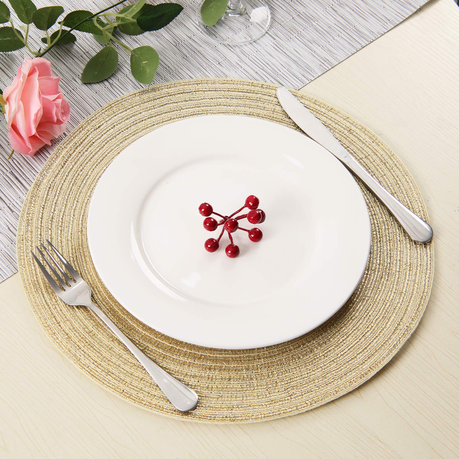 Shacos Golden Glitter Round Braided Placemats Set Of 6 Bling Circle Place Mats Washable Table Mats For Holiday Party Wedding Sho