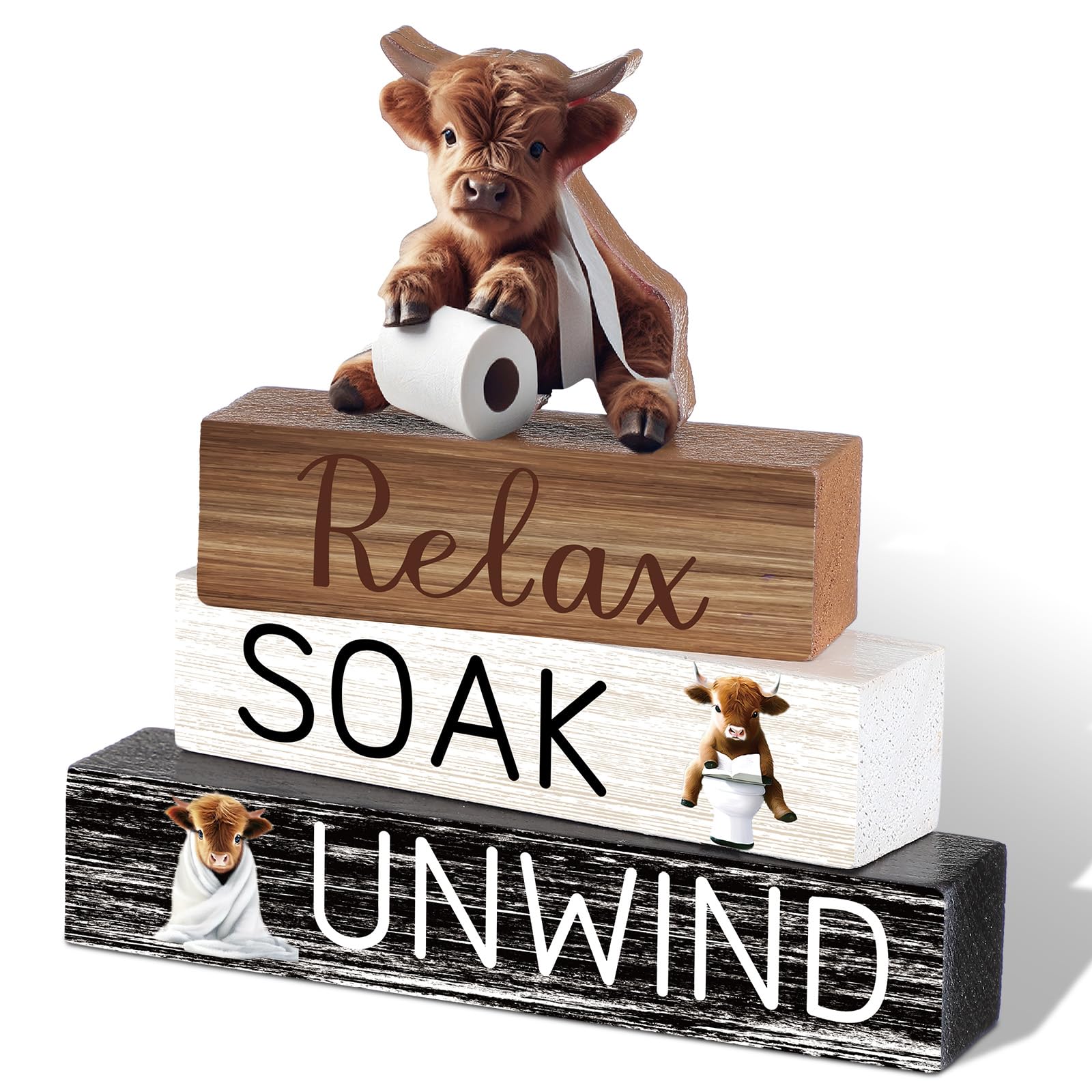 Cinnvoice 4 Pcs Highland Cow Bathroom Decor Farmhouse Bathroom Decoration Western Relax Soak Unwind Table Centerpiece Gift for C