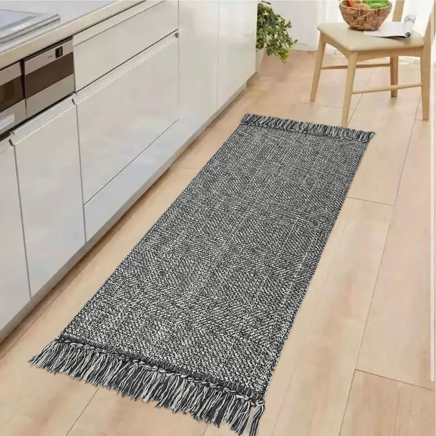 Collive Kitchen Runner Rug, 2 X 43 Hand-Woven Reversible Washable Rug, Grey Cotton Modern Farmhouse Bathroom Rug Hallway Carpet