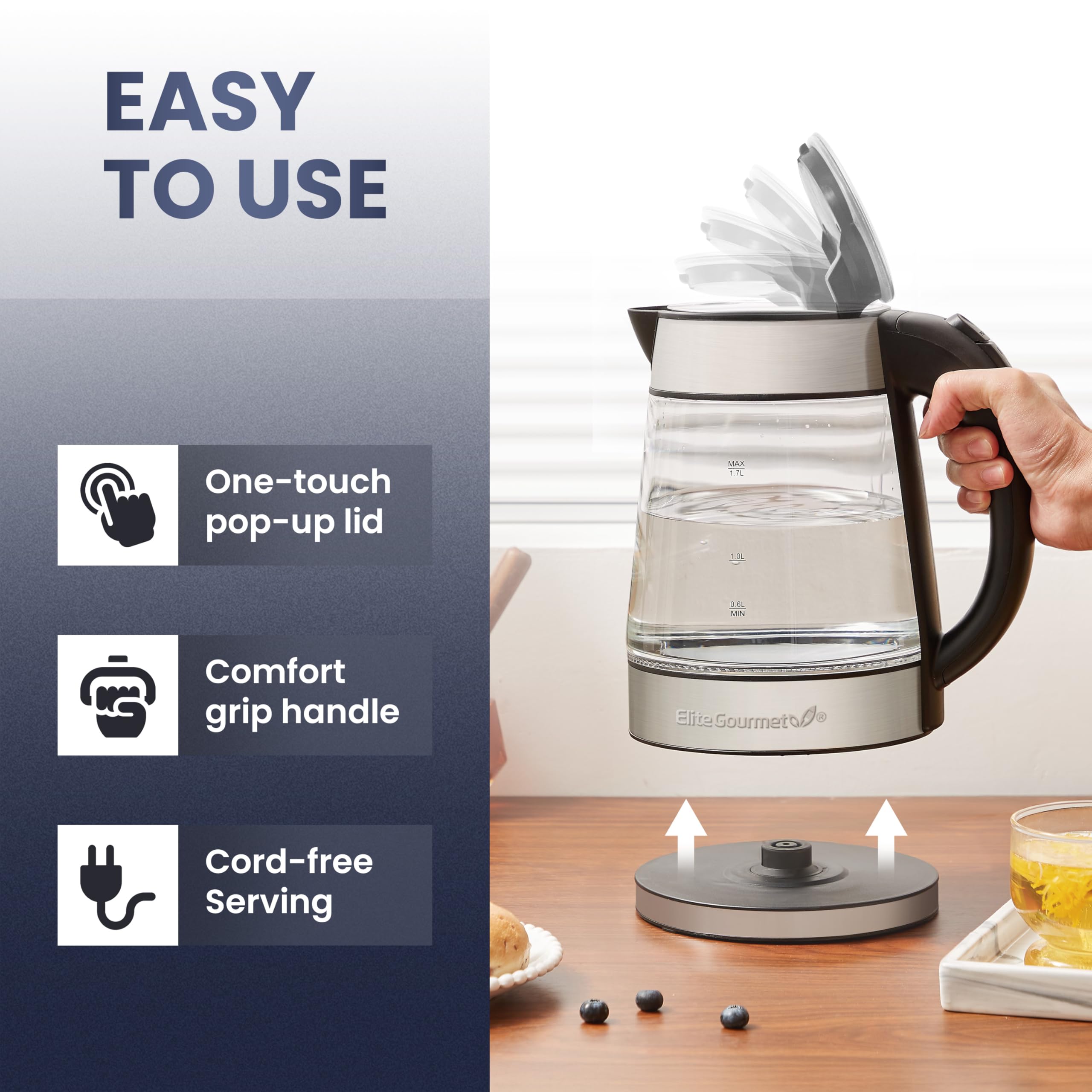Elite Gourmet Electric Glass Kettle, 1.8 Qt, BPA-Free, Cordless with 360° Base, Stylish Blue LED, Model EKT-602