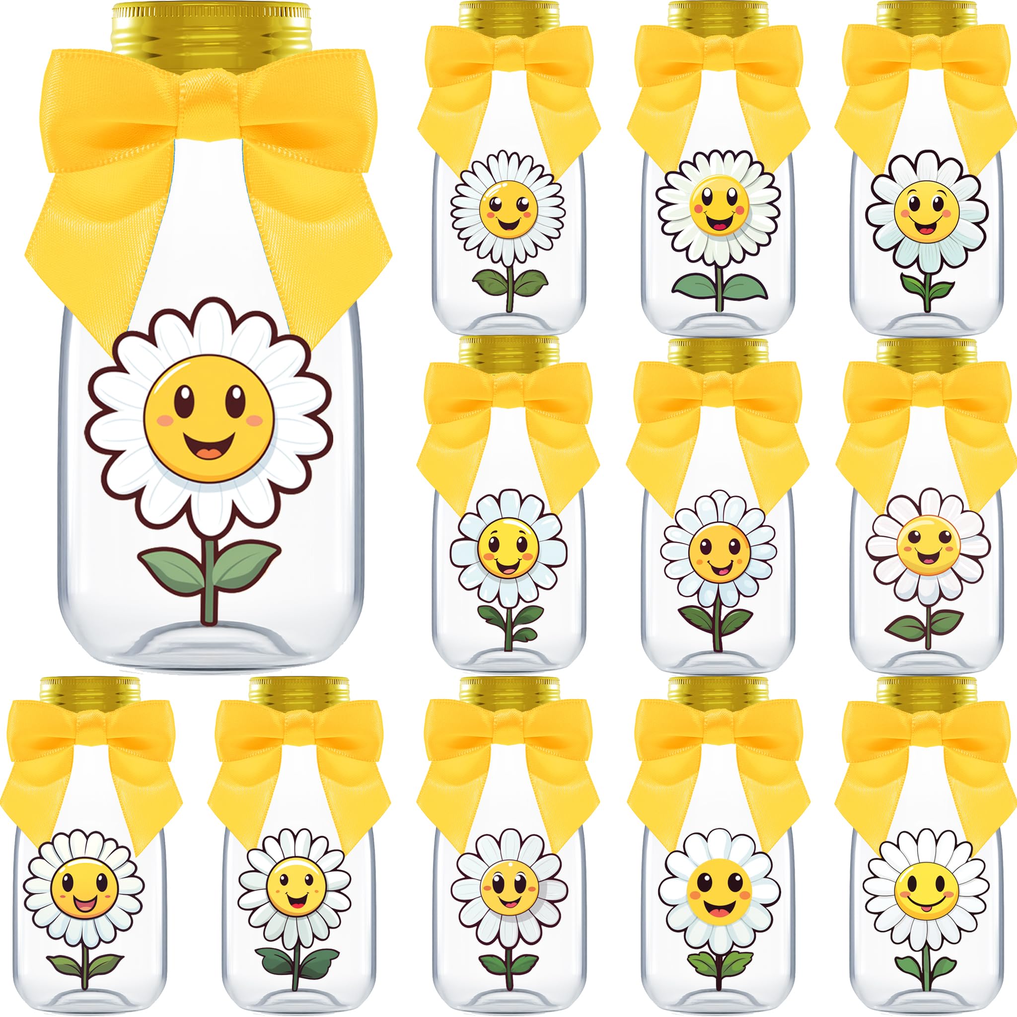 Ethisa Small 12 Pack Daisy Party Favors - DIY Candy Jars with Ribbons and Stickers - Party Decoration Bottles for Birthday, Scho