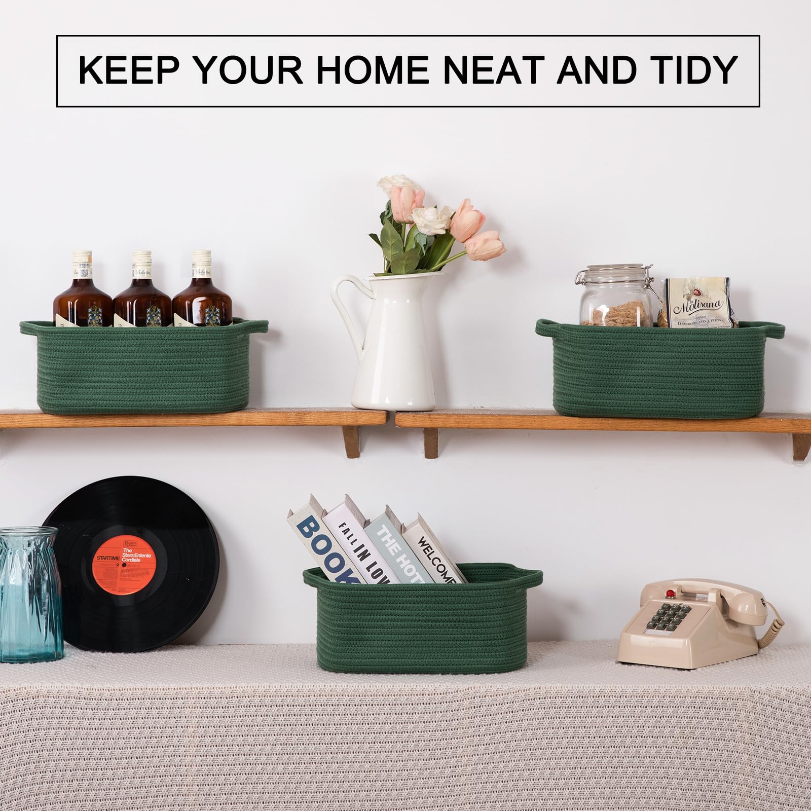 Oiahomy Cotton Rope Woven Baskets For Storage, Nursery Rectangle Storage Basket With Handles For Shelves, Pack Of 3, Green