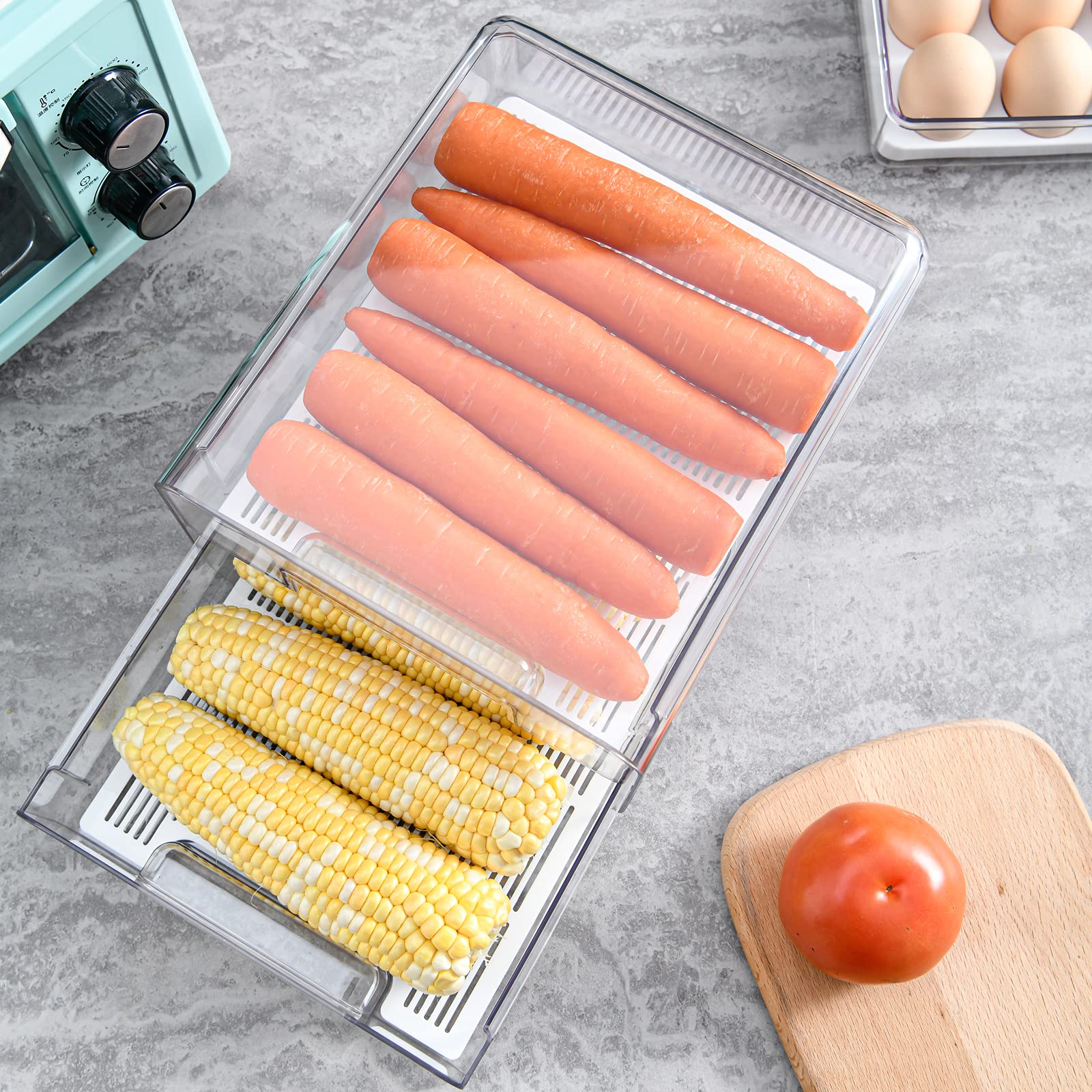 Bigtron Food Storage Double Layer Container With Lids Removable Drain Tray For Refrigerator, Food Fruit Vegetables,Fridge Organi