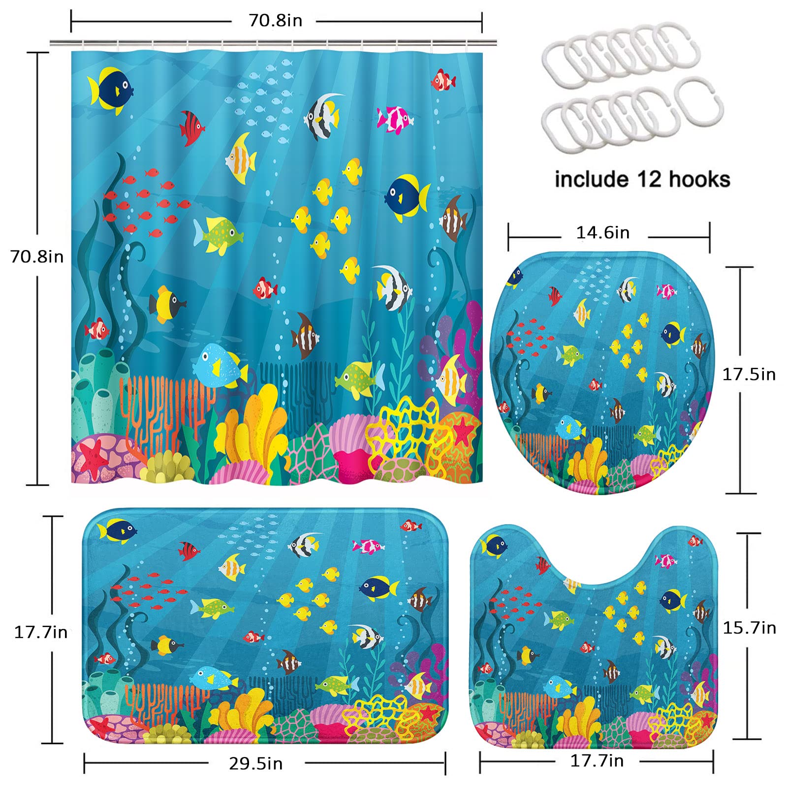 Tayney Tropical Fish Shower Curtain Set With Toilet Lid Cover And Non-Slip Rugs, Cartoon Underwater World 4 Pcs Shower Curtain W