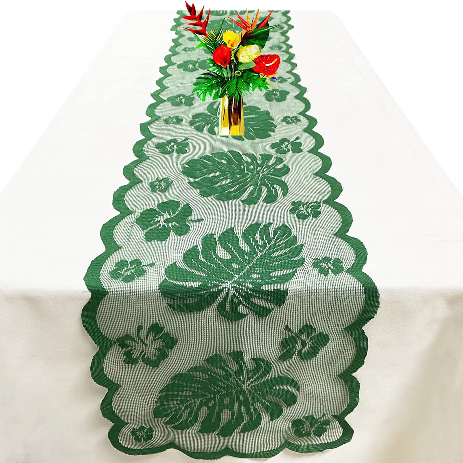 Tropical Table Runner For Palm Leaves Party Decorations - Green Lace Table Runner For Luau Wedding, Hawaiian, Havana Nights, Saf