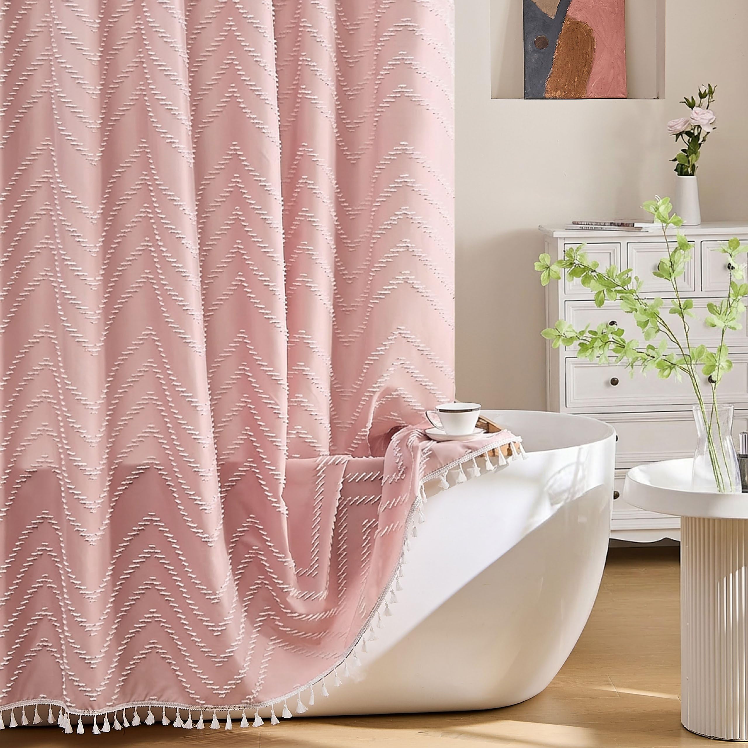 Siiluminisoy Extra Long Boho Shower Curtain - Woven Fabric Cute 84 Inch Sage Green, 72 X 84 Tufted Leaves Textured Striped Moder