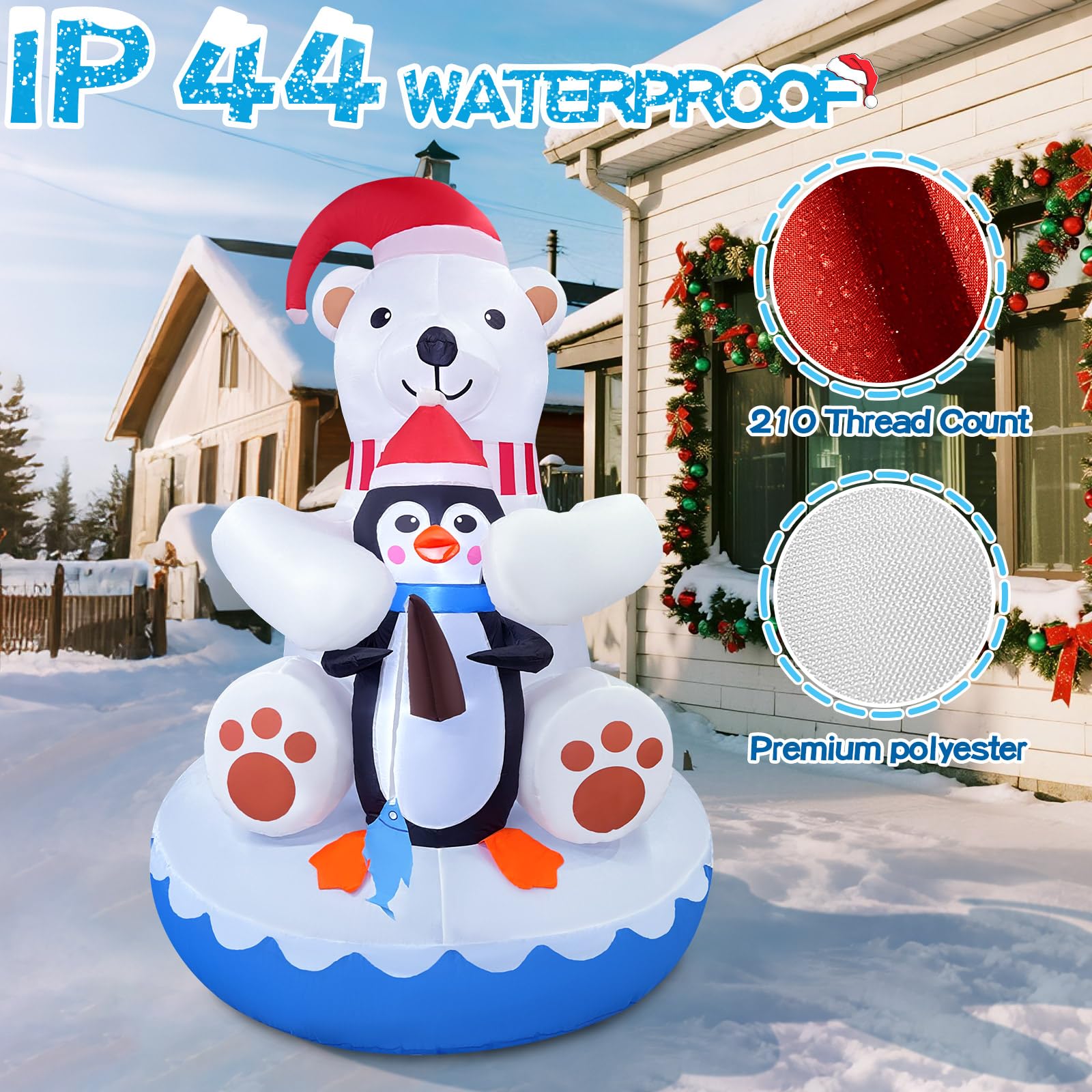 GIGLIM 6FT Christmas Inflatable Polar Bear & Penguin Decor, White & Red, 210T Polyester, with 4 Built-in LEDs for Outdoor Holiday Display