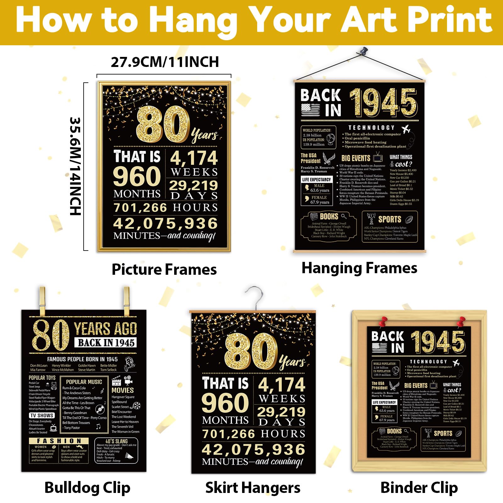80 Years Ago 80th Birthday Wedding Anniversary Poster 3 Pieces 11 x 14 40s Party Decorations Supplies Large Sign Home Decor for Men and Women (Back in 1943-80 Years)
