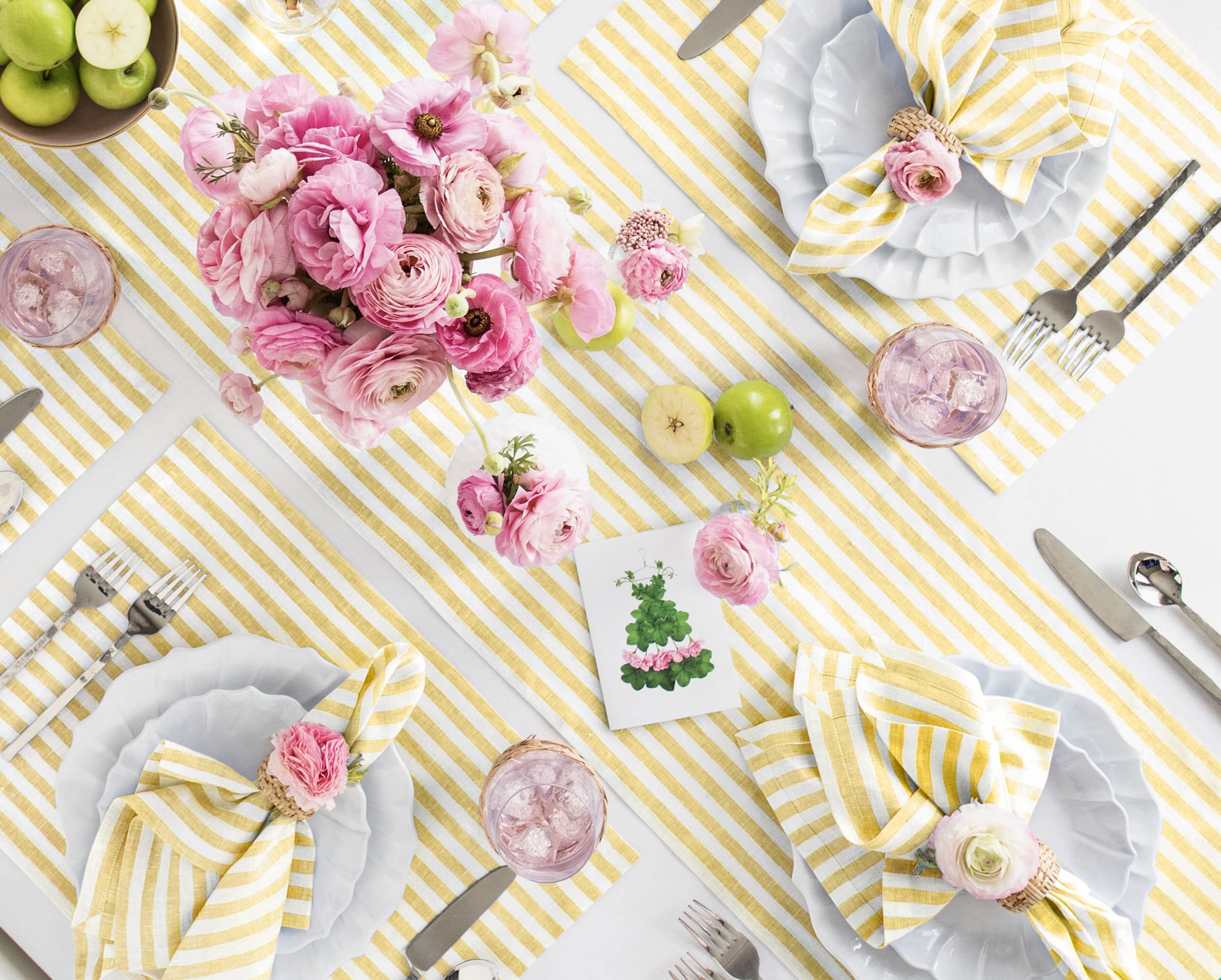 Solino Home Stripe Linen Table Runner 48 Inch - 100% Pure Linen Primrose Yellow And White Table Runner 14 X 48 Inch - Farmhouse