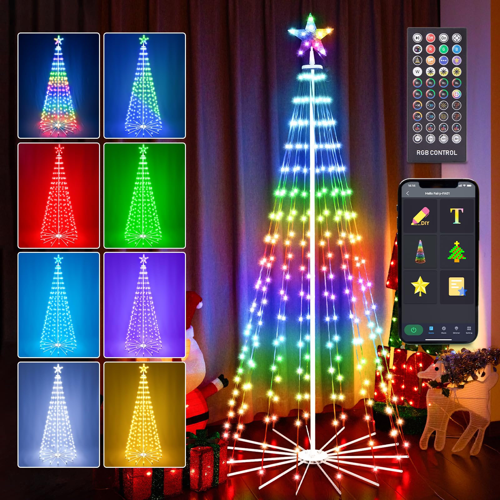 HOLILLUMA 6FT Outdoor Christmas Tree, RGB Color Changing Pre-lit Smart Cone Christmas Tree with LED Lights, App&Remote Control, 