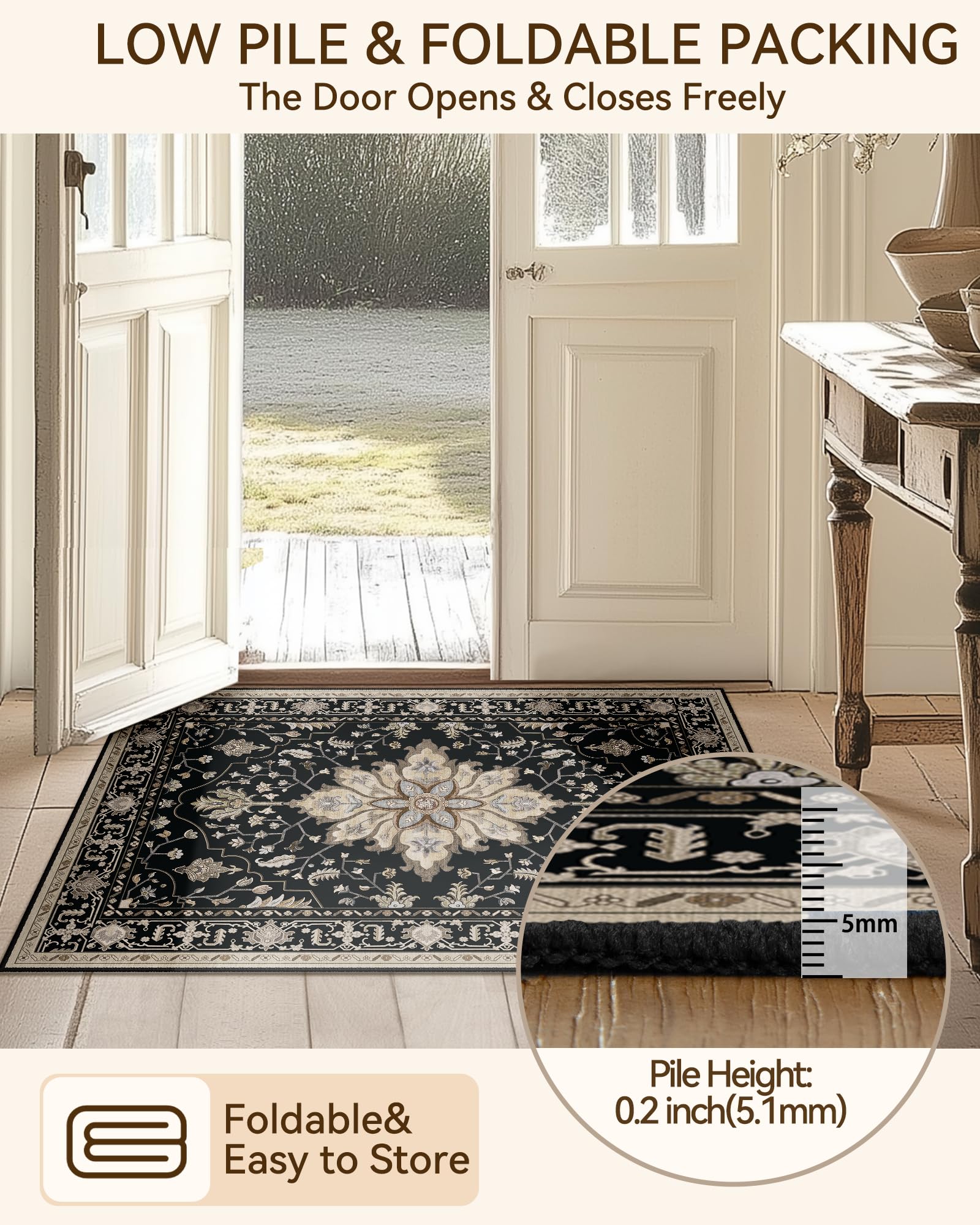 RELEANY Area Rugs 6x9 Washable Non-Slip, Floral Vintage Distress Print Pattern Medallion Carpet for Living Room Bedroom Dining