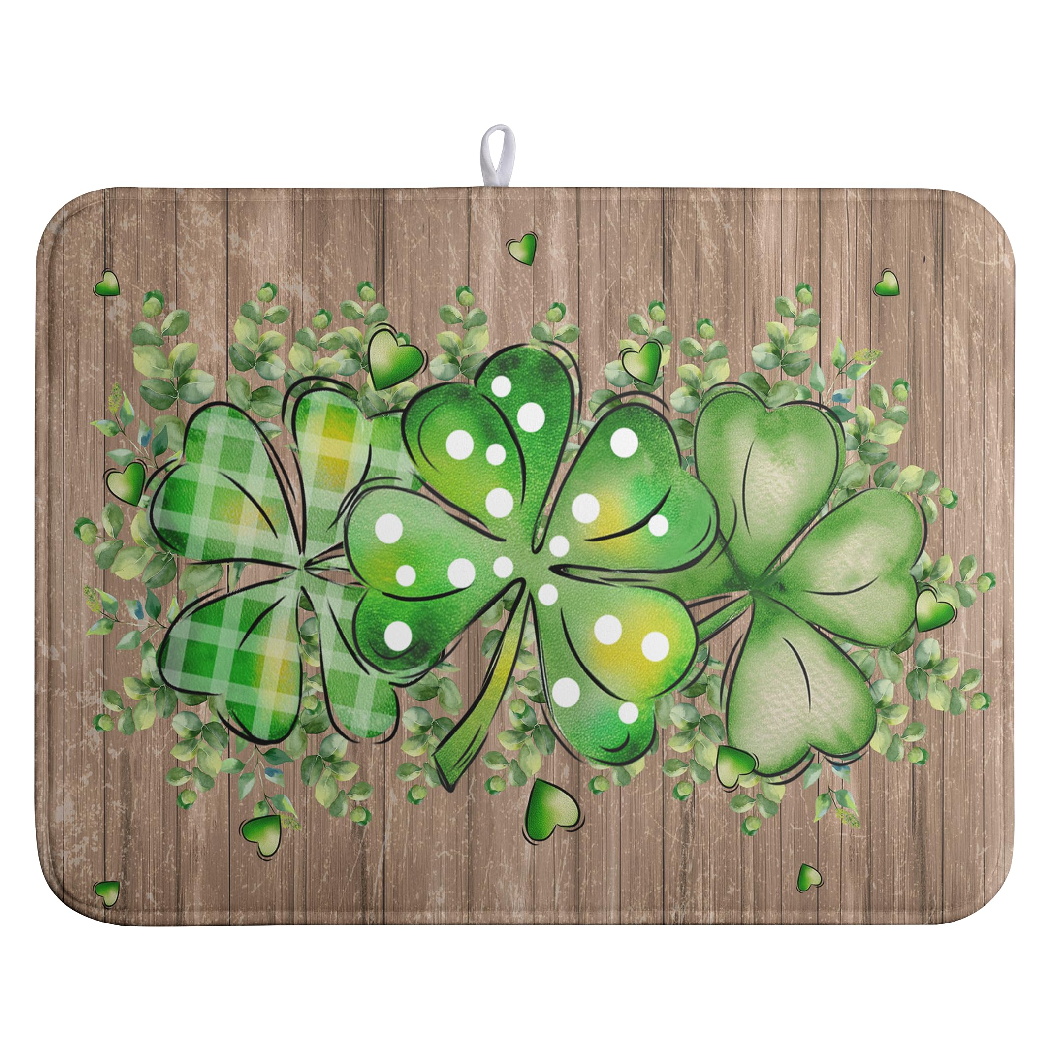 Wnoesat St Patricks Day Wooden Plank Texture Shamrock Dish Drying Mat St Patrick Eucalyptus Leaves Clover Dish Drying Pad for Ki