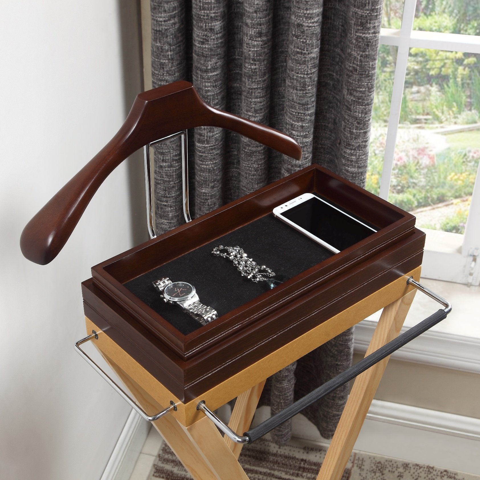 Laguna Valet medium walnut for tray and hanger  natural color for body  chrome hardware