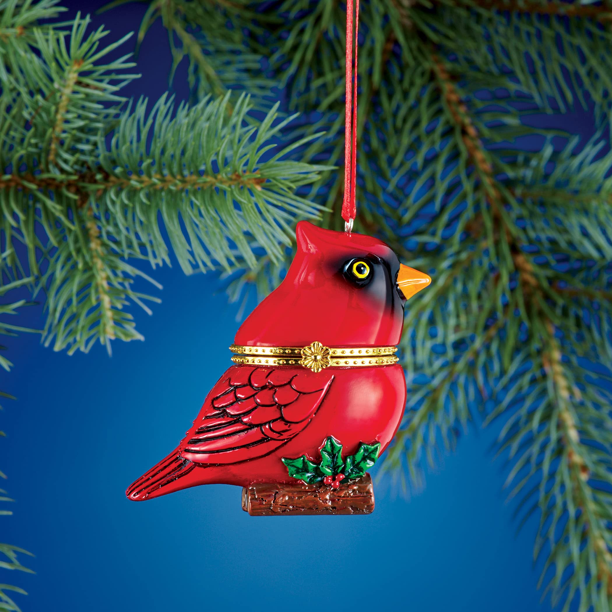 Collections Etc Hand Painted Trinket Christmas Ornaments with Opening Compartment for Small Gifts, Cardinal