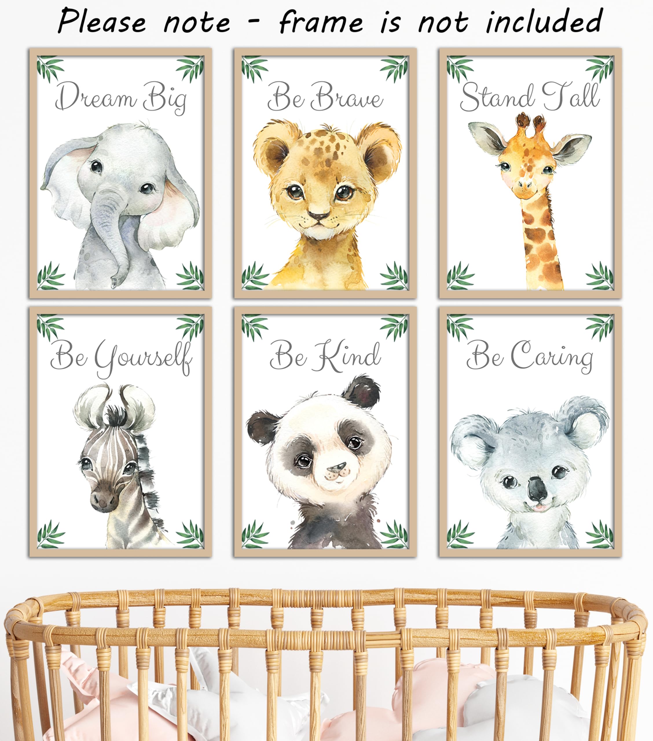 Baby Safari Animals For Girl Or Boy Nursery Bedroom, Set Of 6 Unframed Wall Art Prints, Jungle Leaves Quote Posters, Nursery Dec