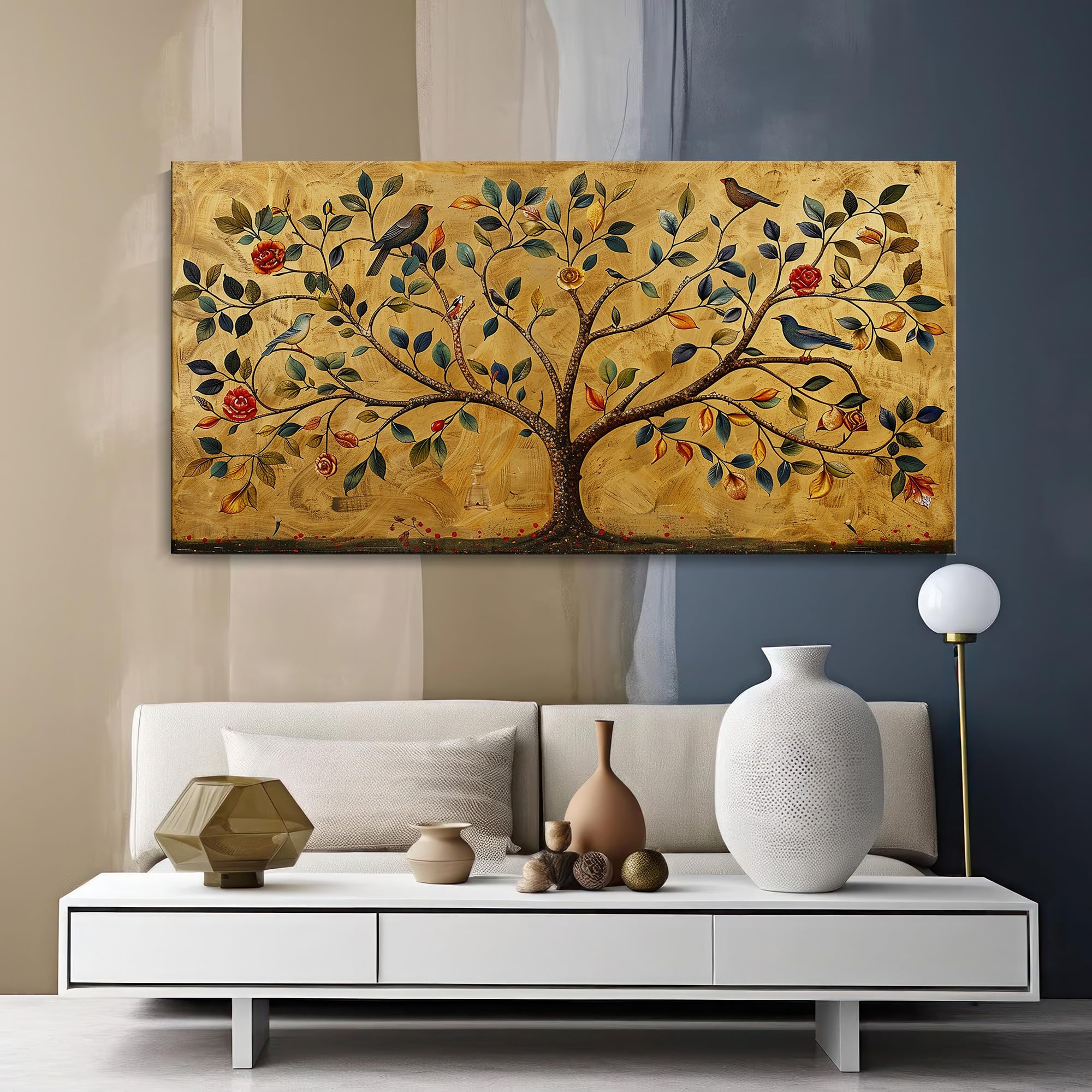 999Store Golden Tree Of Life Canvas Painting - 24X48 Inches Framed Art, Elegant Symbolic Wall Decor (Flp24480717)
