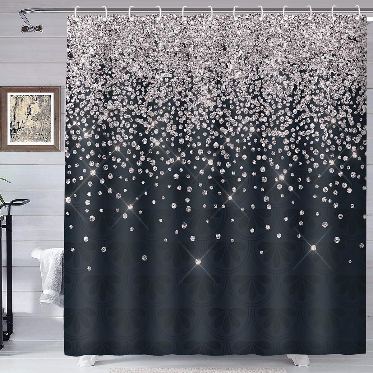 Tersum Silver Gray Bokeh Gorgeous (No Sparkles Or Glitter) Shower Curtain,Falling Snow Night Sky Stars Black Night 3D Printed Fa