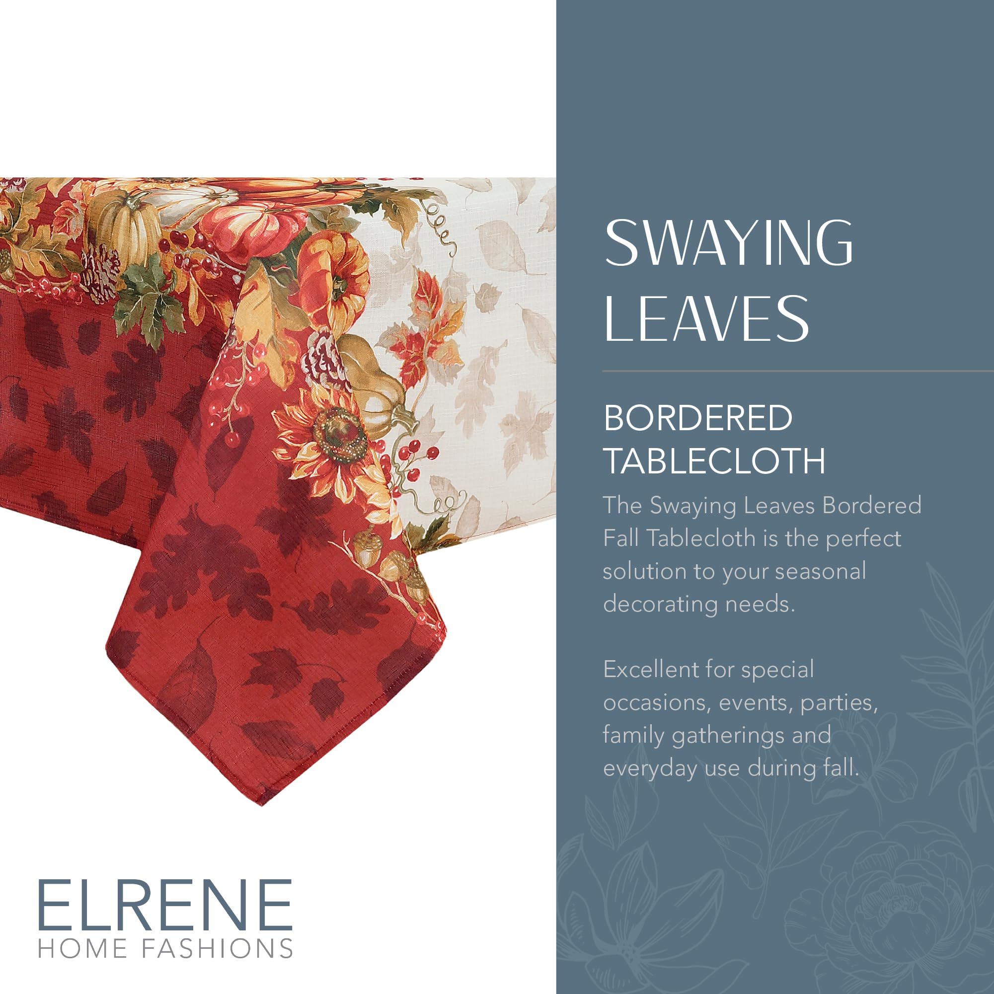 Elrene Home Fashions Swaying Leaves Bordered Fall, Seasonal And Holiday Tablecloth, 52''X70'' Oblong/Rectangle, Multi