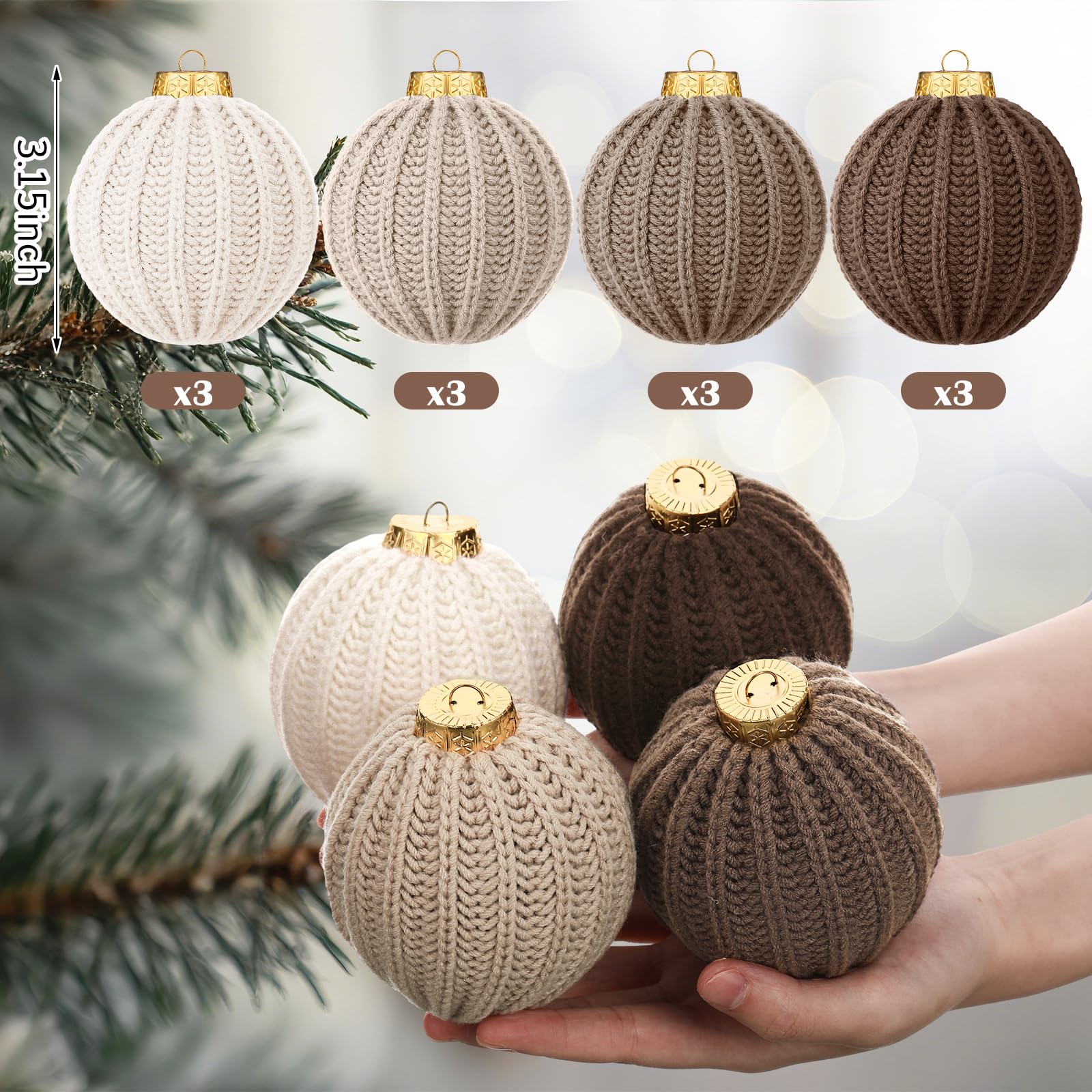 VioraWhite 12 Pcs Neutral Christmas Ornaments, 3.15 Inch Brown Crochet Christmas Balls Modern Rustic Handmade Knitted Woven Cott