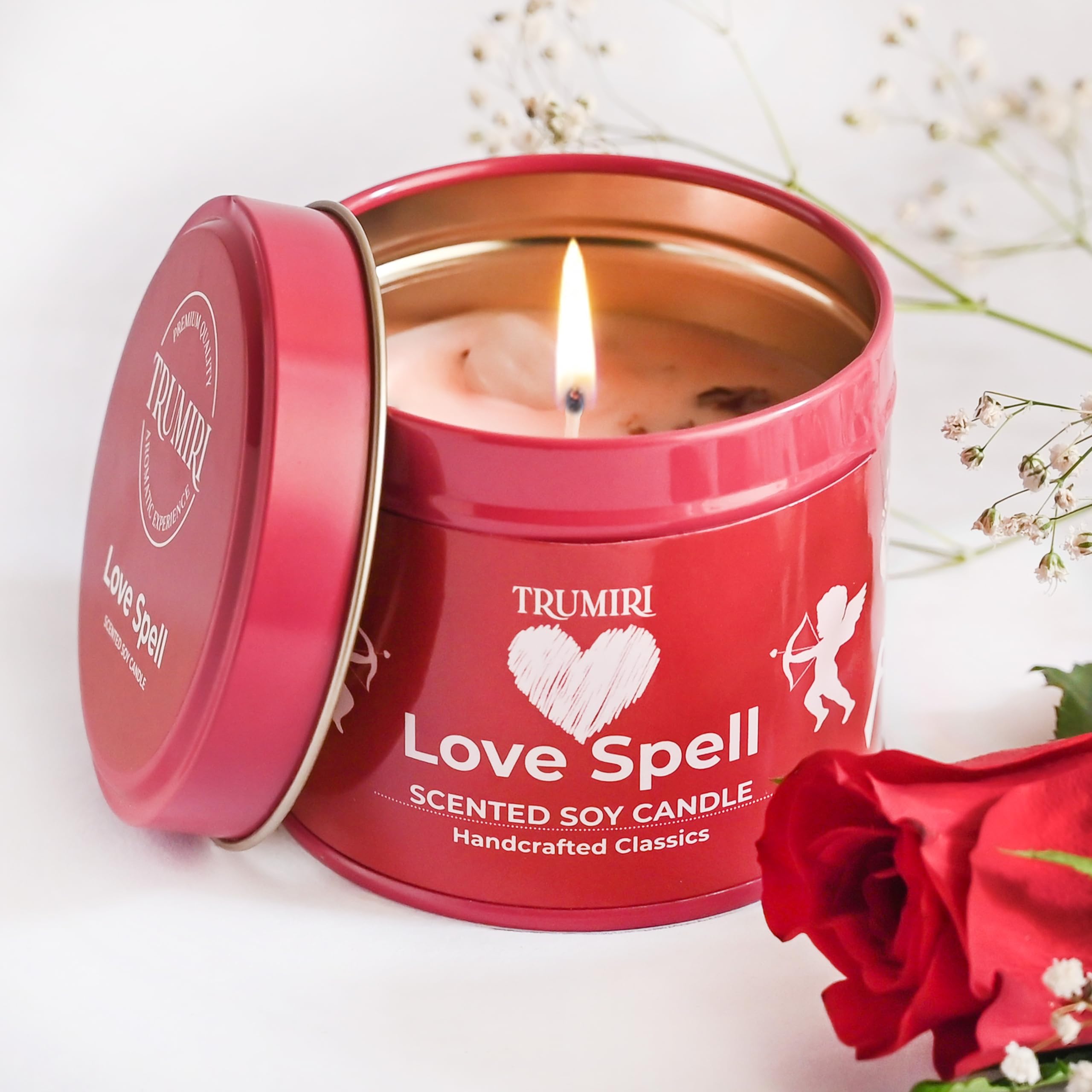 Love Spell - Scented Candles for Women & Men with Rose Petals and Crystals - 5oz Soy Clean Organic Non Toxic - Velas Arom  ticas